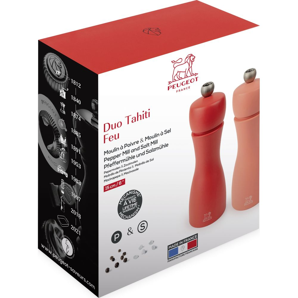 Peugeot Duo Tahiti Feu Salz- und Pfeffermühle in Rot und Orange auf Kartonverpackung.
