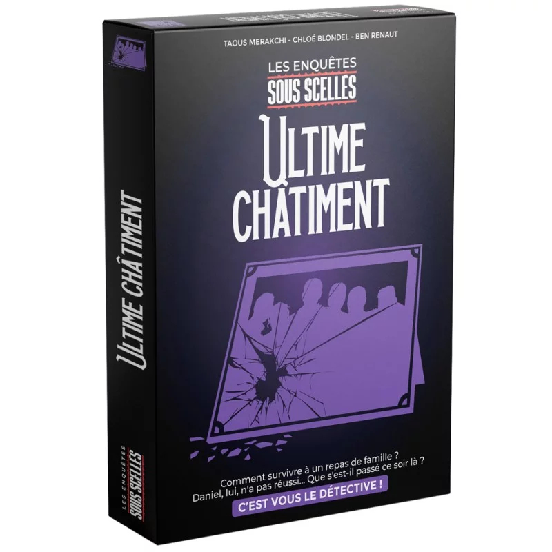 Eine Spielschachtel für "Ultimes Châtiment" mit einem zerbrochenen Familienfoto.