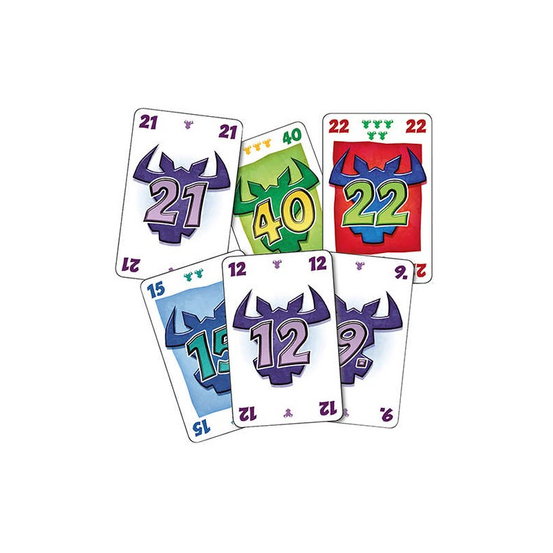 Six cartes à jouer avec des numéros et des têtes de taureau sur fond blanc.
