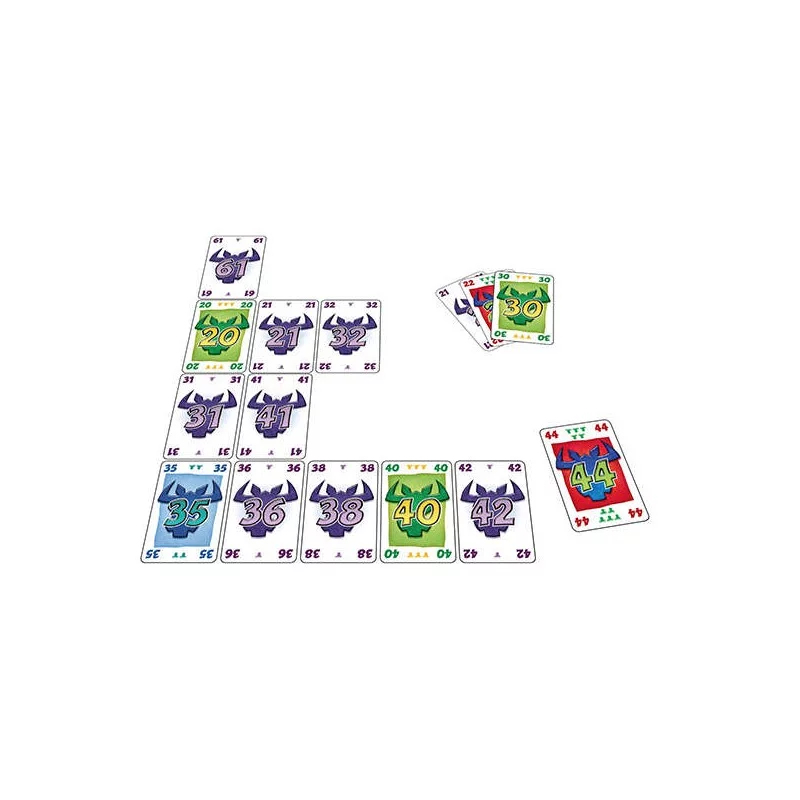 Cartes de jeu avec têtes de taureau et numéros de 20 à 61, fond blanc.