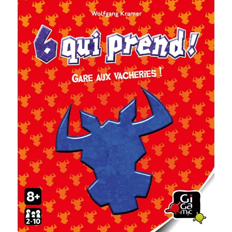 Jeu de société "6 Nimmt!" avec logo de tête de taureau bleue sur fond rouge.