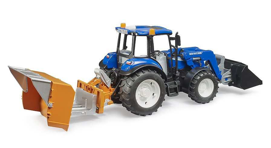 Blauer Traktor mit orangefarbenem Frontlader und Schaufel, auf weißem Hintergrund.
