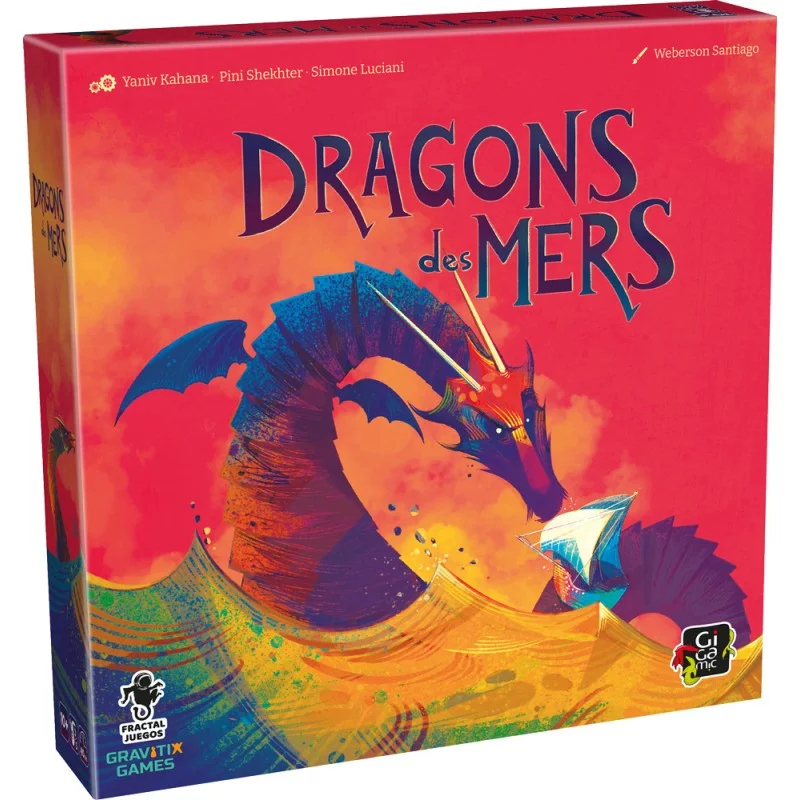 Eine lebendige Brettspielbox zeigt einen blauen Seedrachen mit roten Akzenten, der aus orangefarbenen und gelben Wellen aufsteigt und ein kleines Segelboot anstarrt.