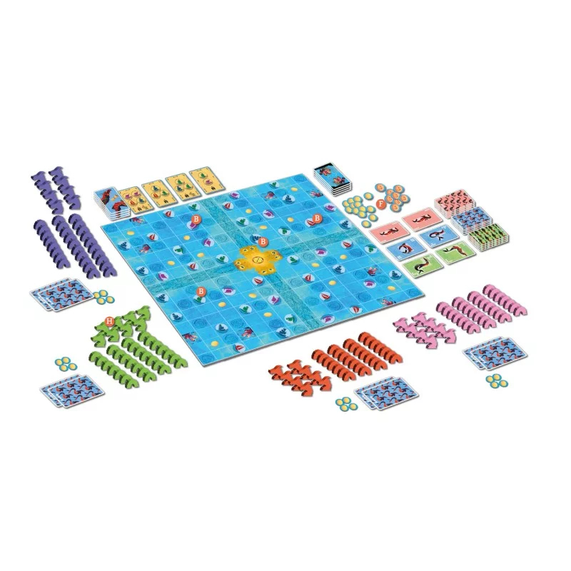 Ein Brettspiel mit einem blauen Ozean-Themenbrett, bunten Token und Karten.