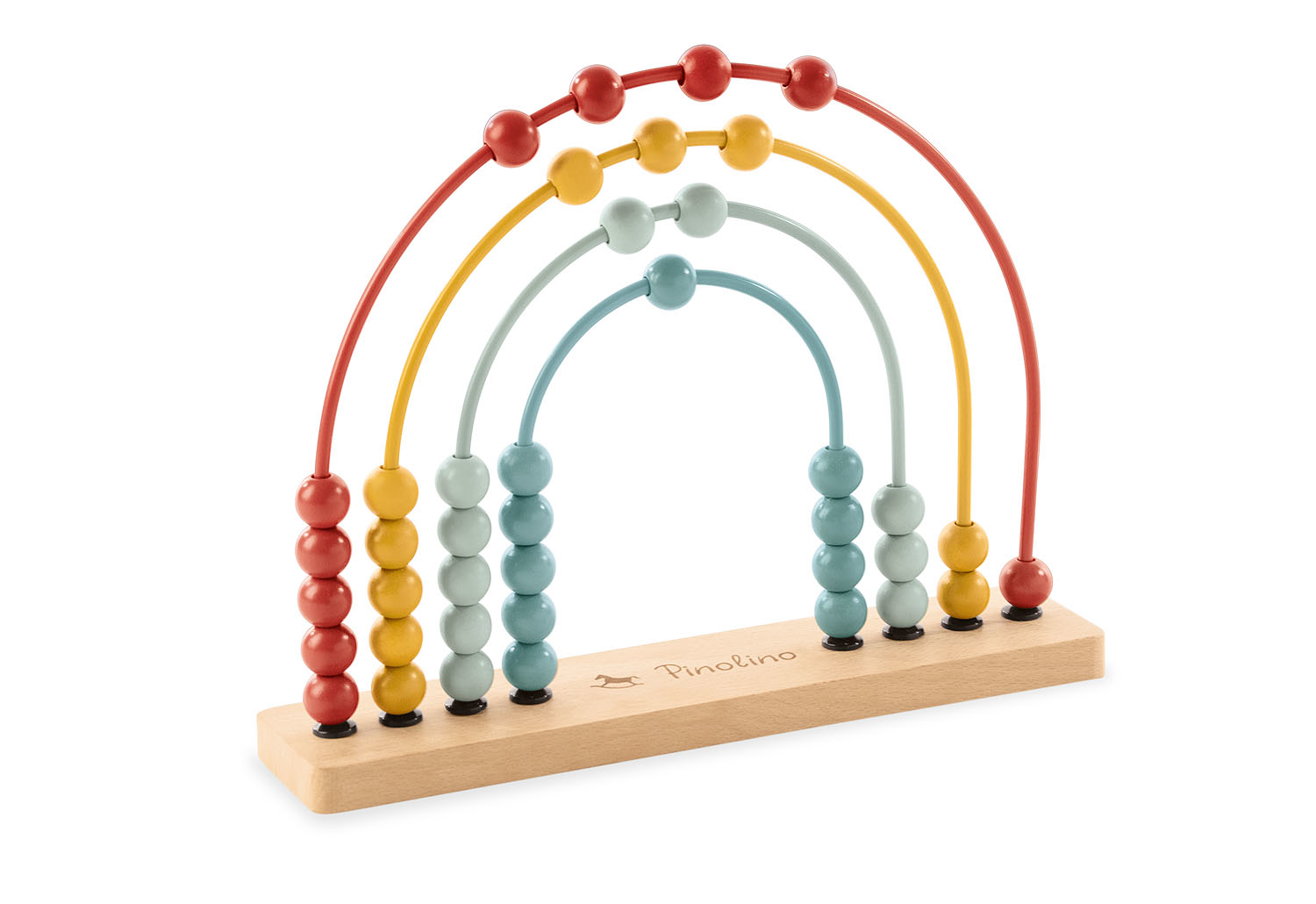 Holz-Regenbogen-Spielzeug mit bunten Perlen auf gebogenen Drähten.