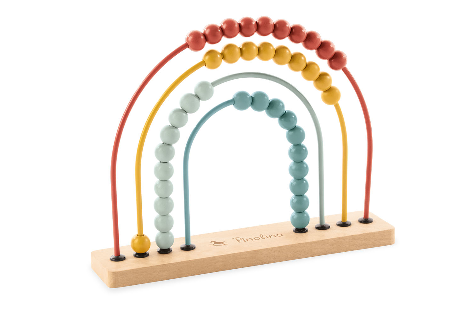 Ein Holzspielzeug in Regenbogenform mit bunten Perlen auf Drähten.