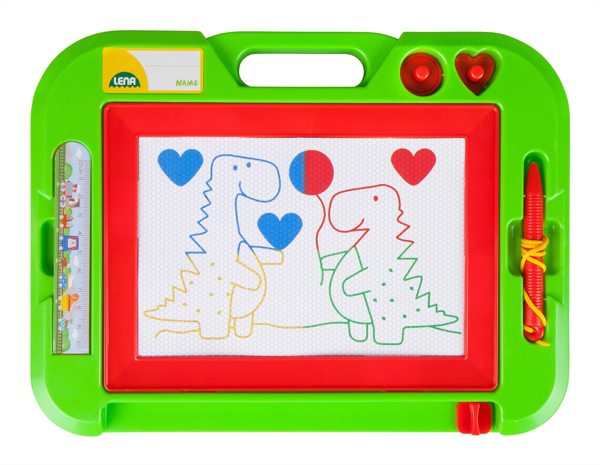 Ein grünes und rotes magnetisches Zeichenbrett mit zwei Dinosaurierzeichnungen, Herzen und einem roten Stift.