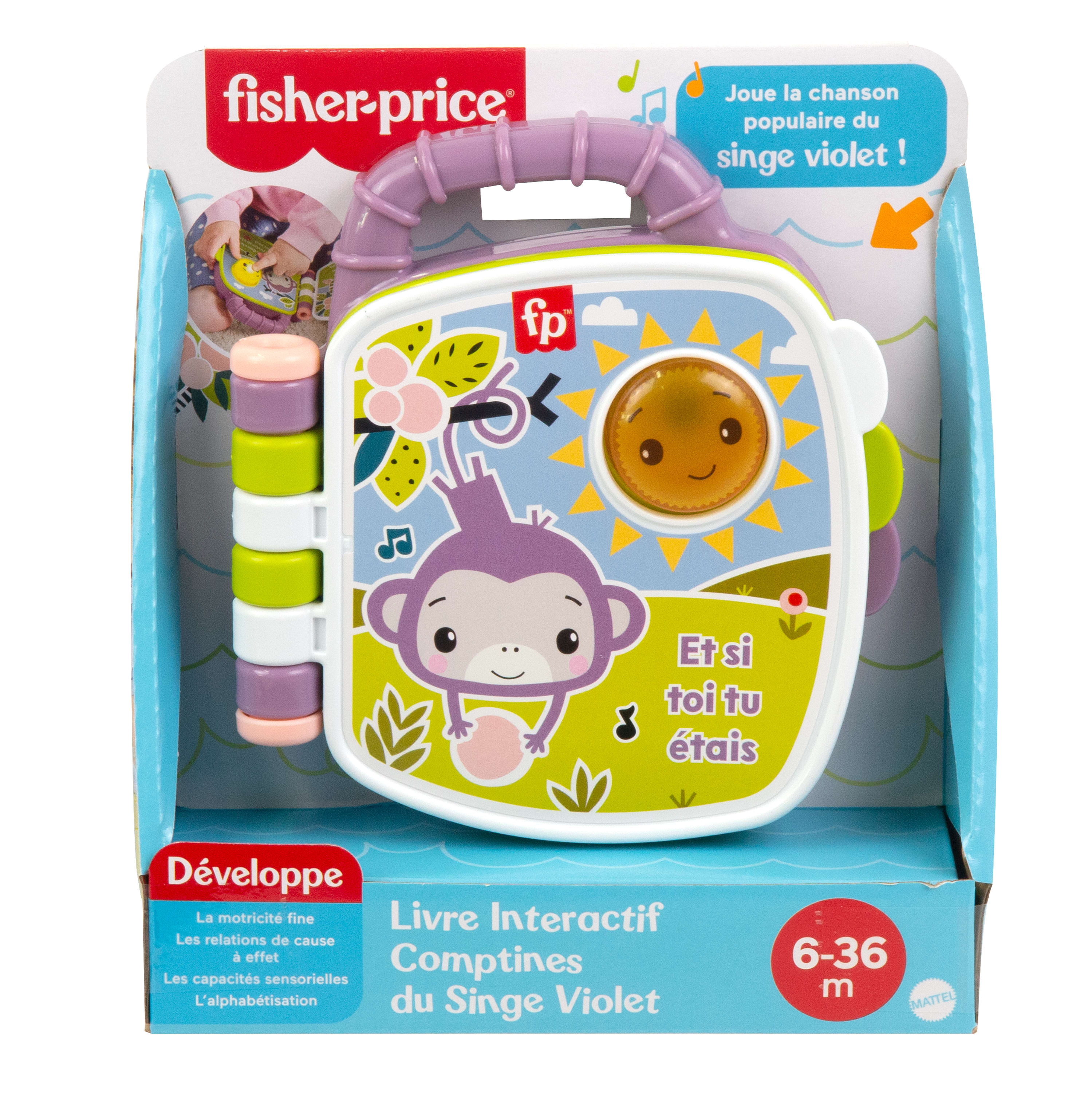 Fisher-Price interaktives Buch für Babys, 6-36 Monate. Zeigt einen lila Affen, Sonne und bunte Ringe am Buchrücken.