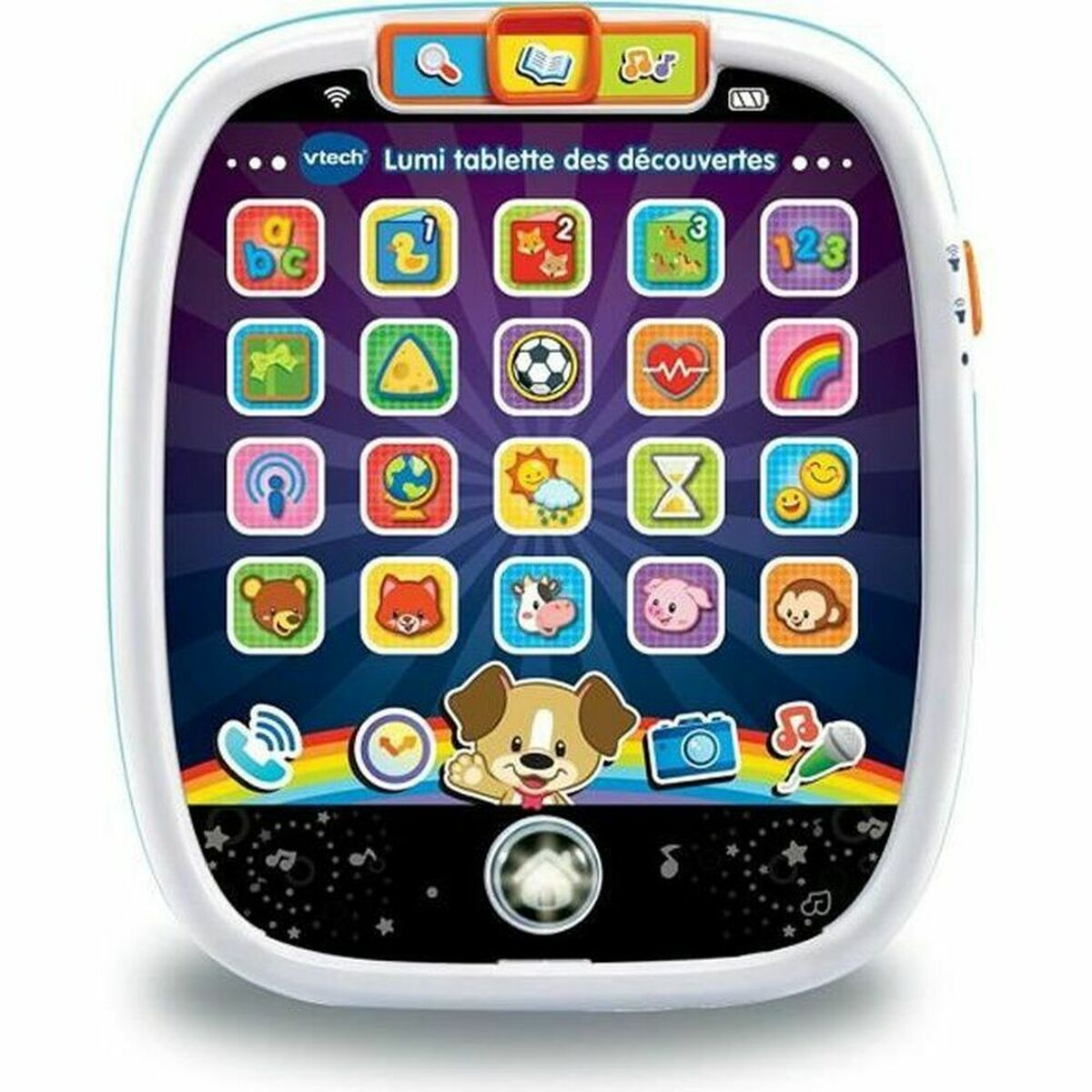 Ein VTech Kinder-Tablet mit bunten Symbolen und einem freundlichen Hund.