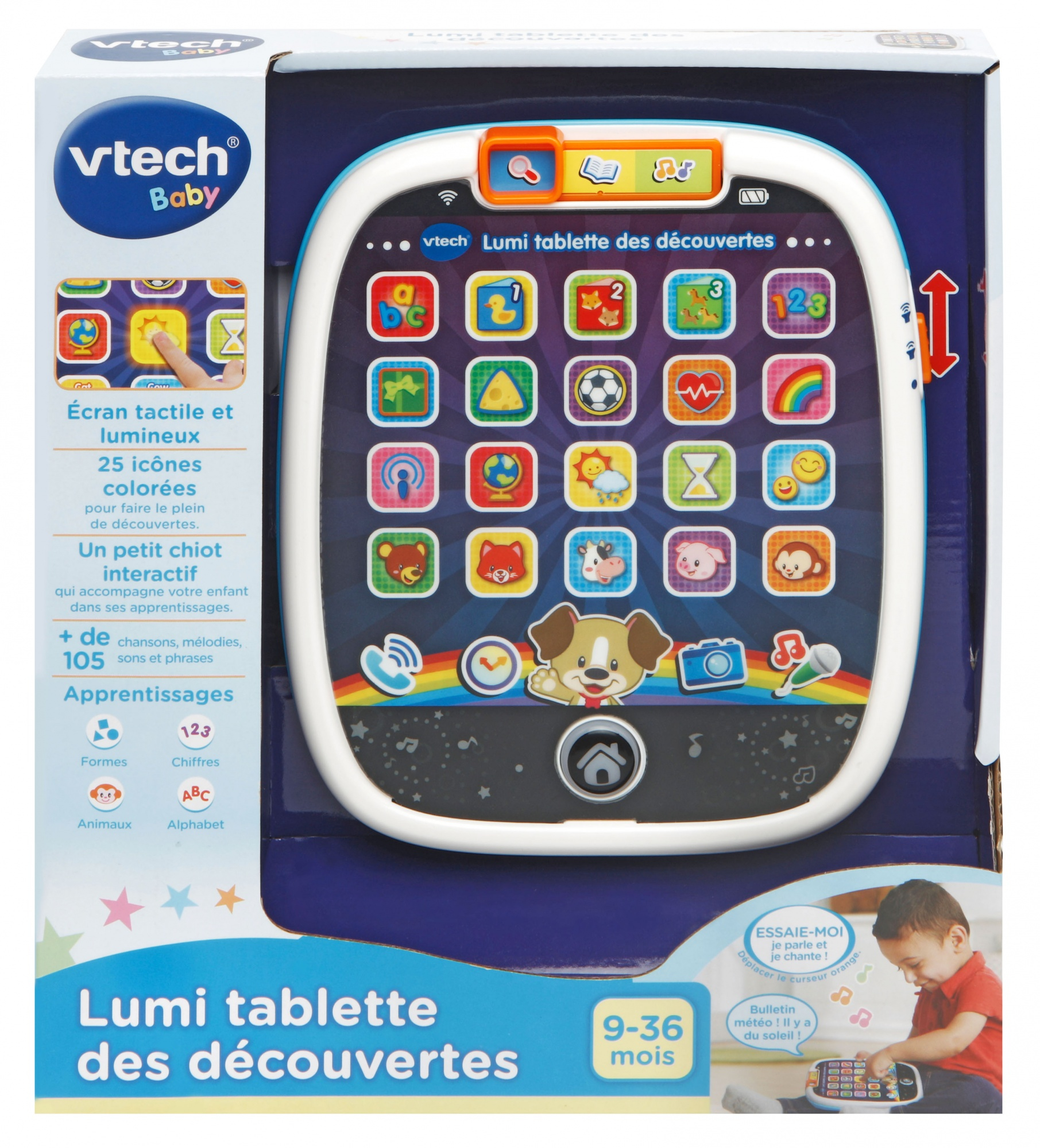 Vtech Baby Lumi interaktives Lernspielzeug mit bunten Symbolen und einem Hund.