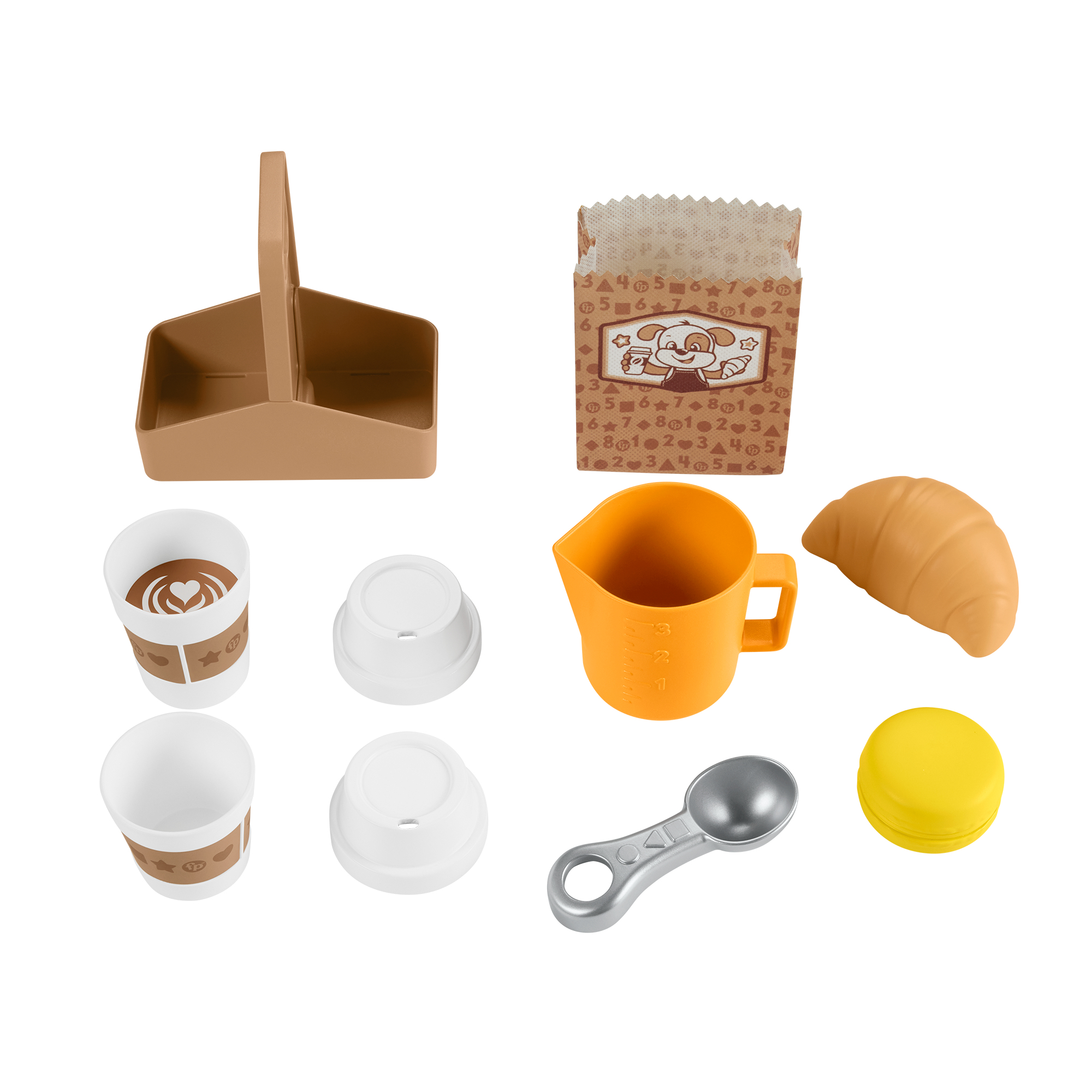 Braune Tragetasche, Kaffeetassen, Messbecher, Croissant, Löffel, Macaron.