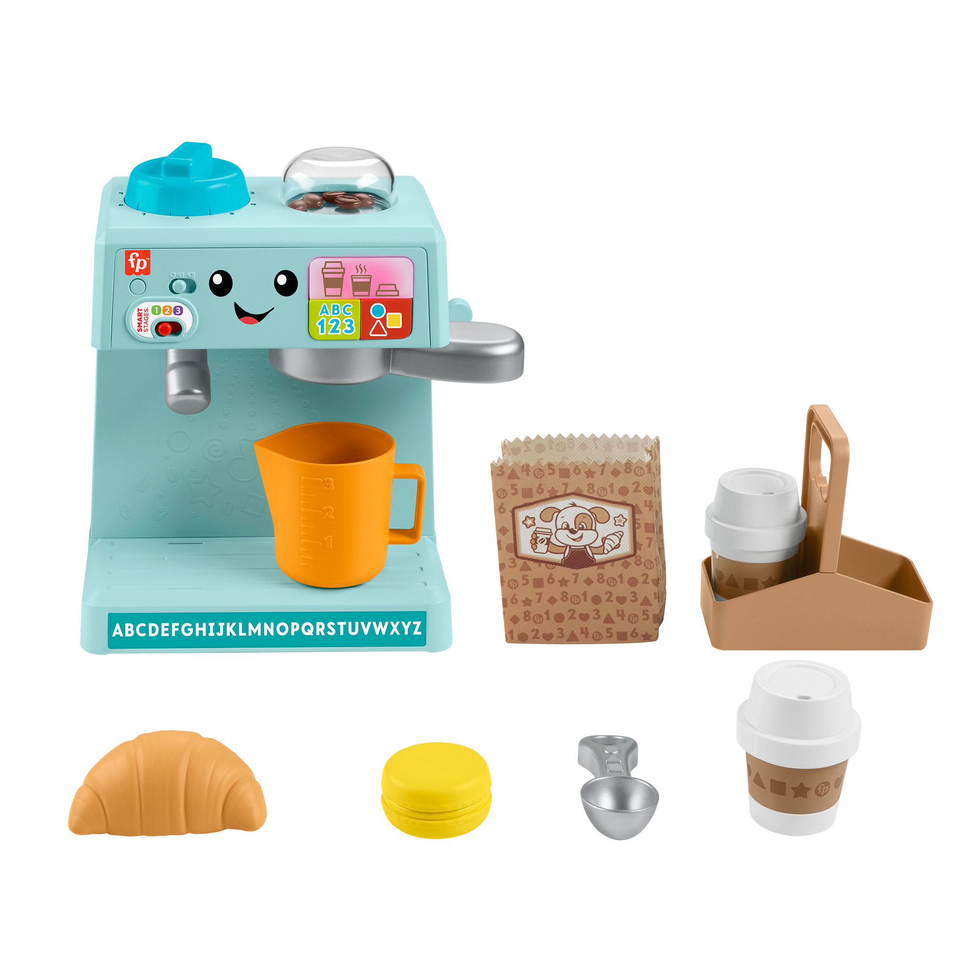 Ein Spielzeug-Kaffeemaschinen-Set mit hellblauer Maschine, orangefarbener Tasse, Kaffeetüte, Träger mit zwei Tassen, Croissant und Macaron.