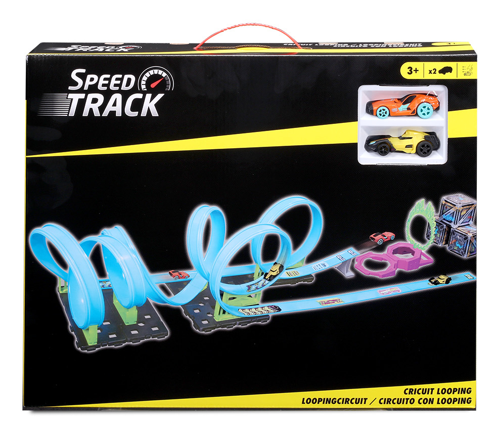 Speed Track Spielzeugauto-Rennstrecke mit blauen Schleifen und Autos.