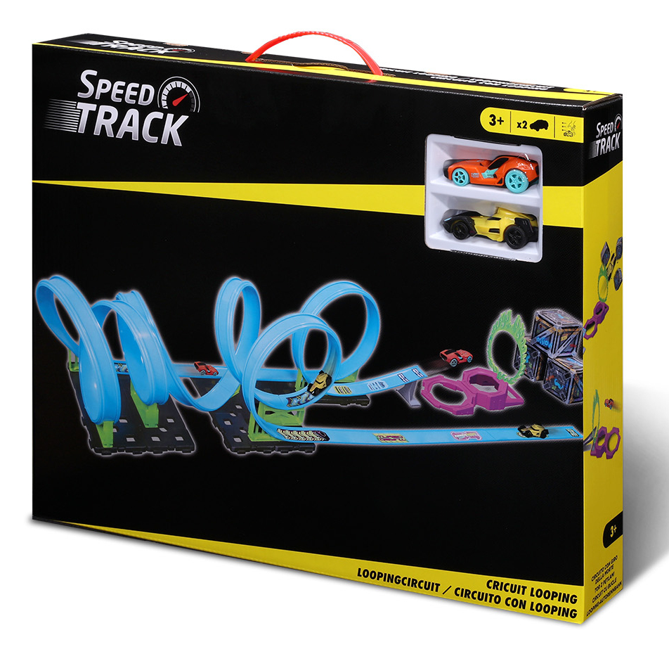 Verpackung eines Spielzeug-Autorennens mit Looping-Strecken und zwei Autos.