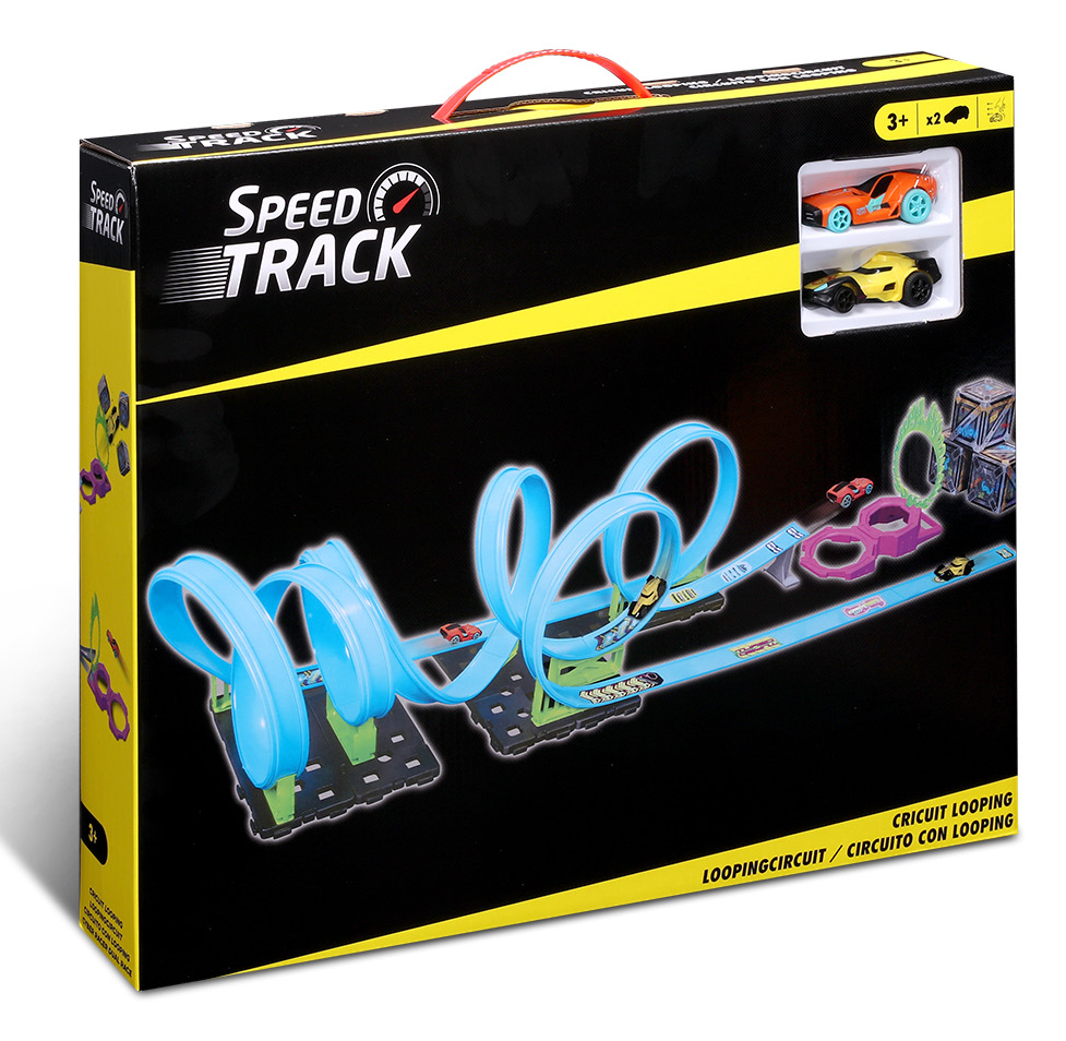 Ein Spielzeug-Autorennen-Set mit blauen Loopings und mehreren Autos.