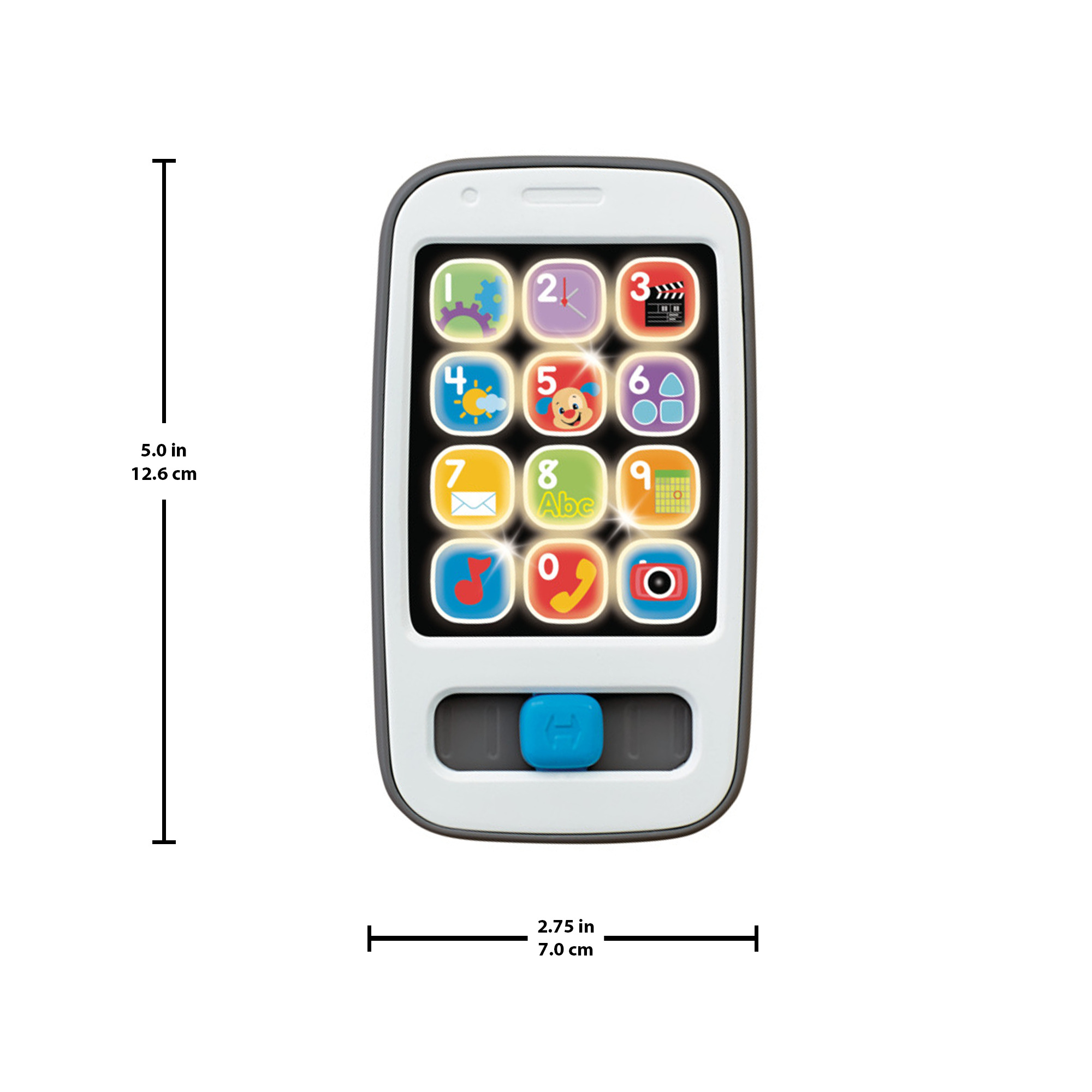 Ein weiß-graues Spielzeug-Smartphone mit einem Bildschirm, der bunte, nummerierte und symbolbasierte App-Buttons anzeigt, 5,0 Zoll x 2,75 Zoll groß.