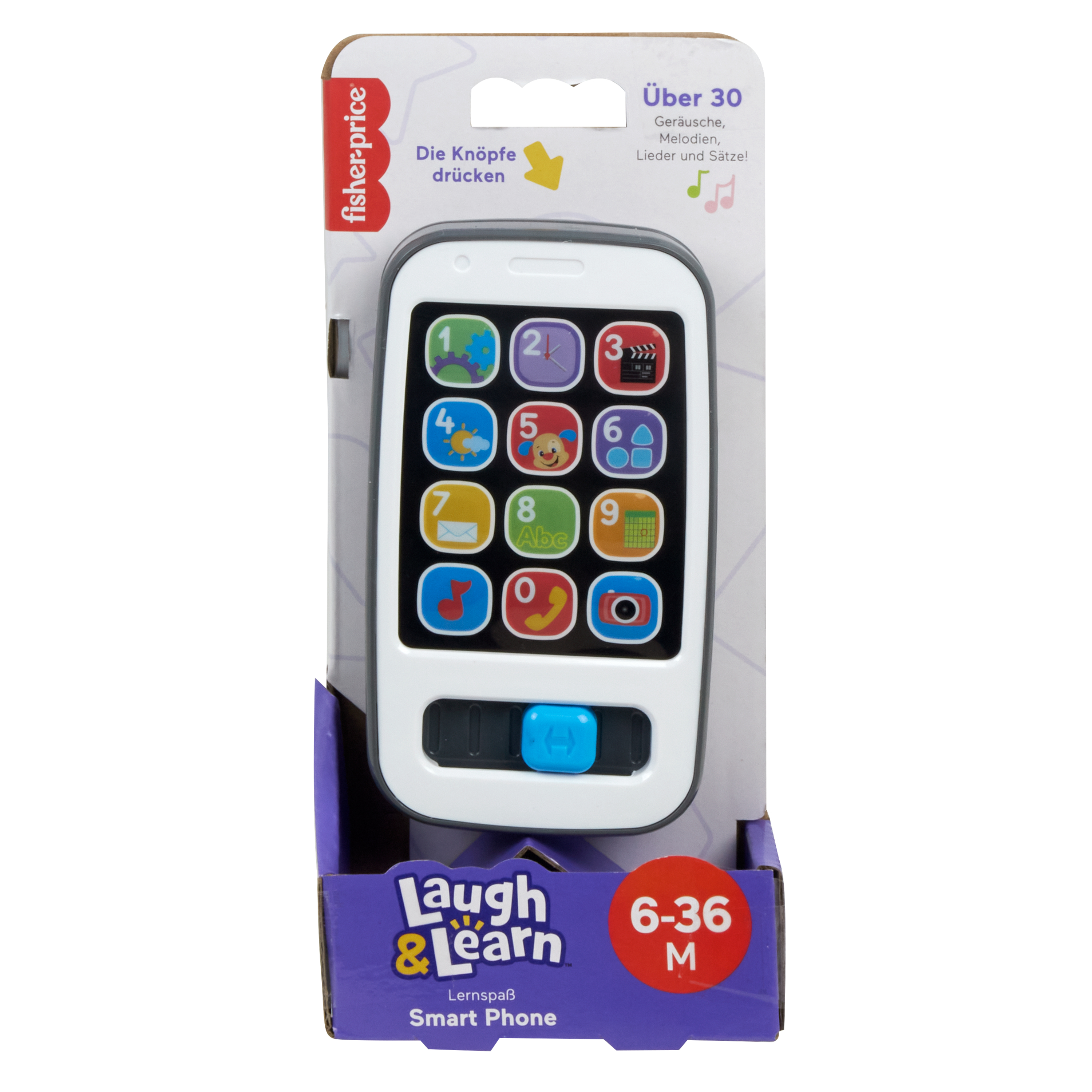 Ein Fisher-Price Lernspielzeug-Smartphone mit bunten Tasten und Zahlen.