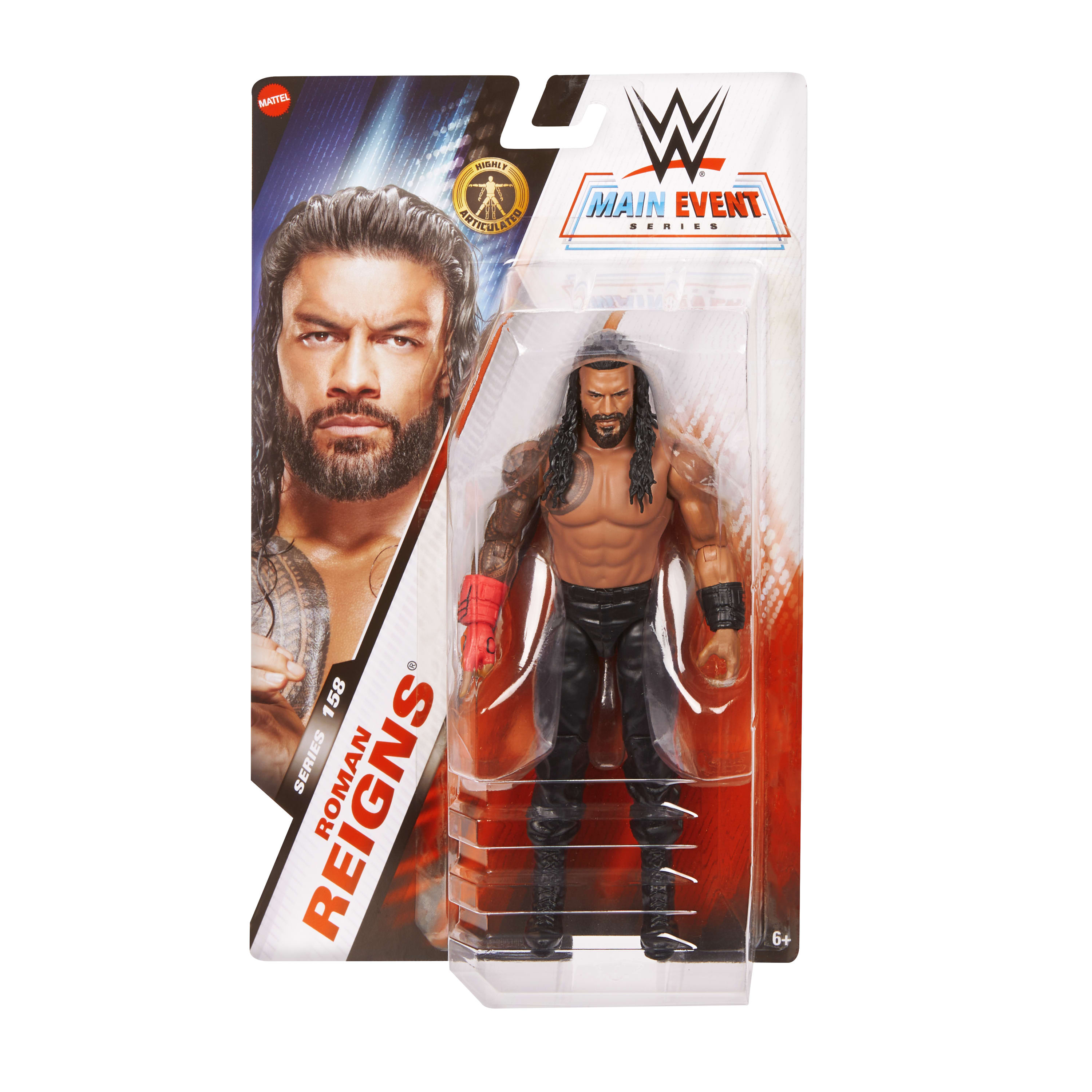 WWE Actionfigur Roman Reigns in schwarzer Hose und roter Bandage.
