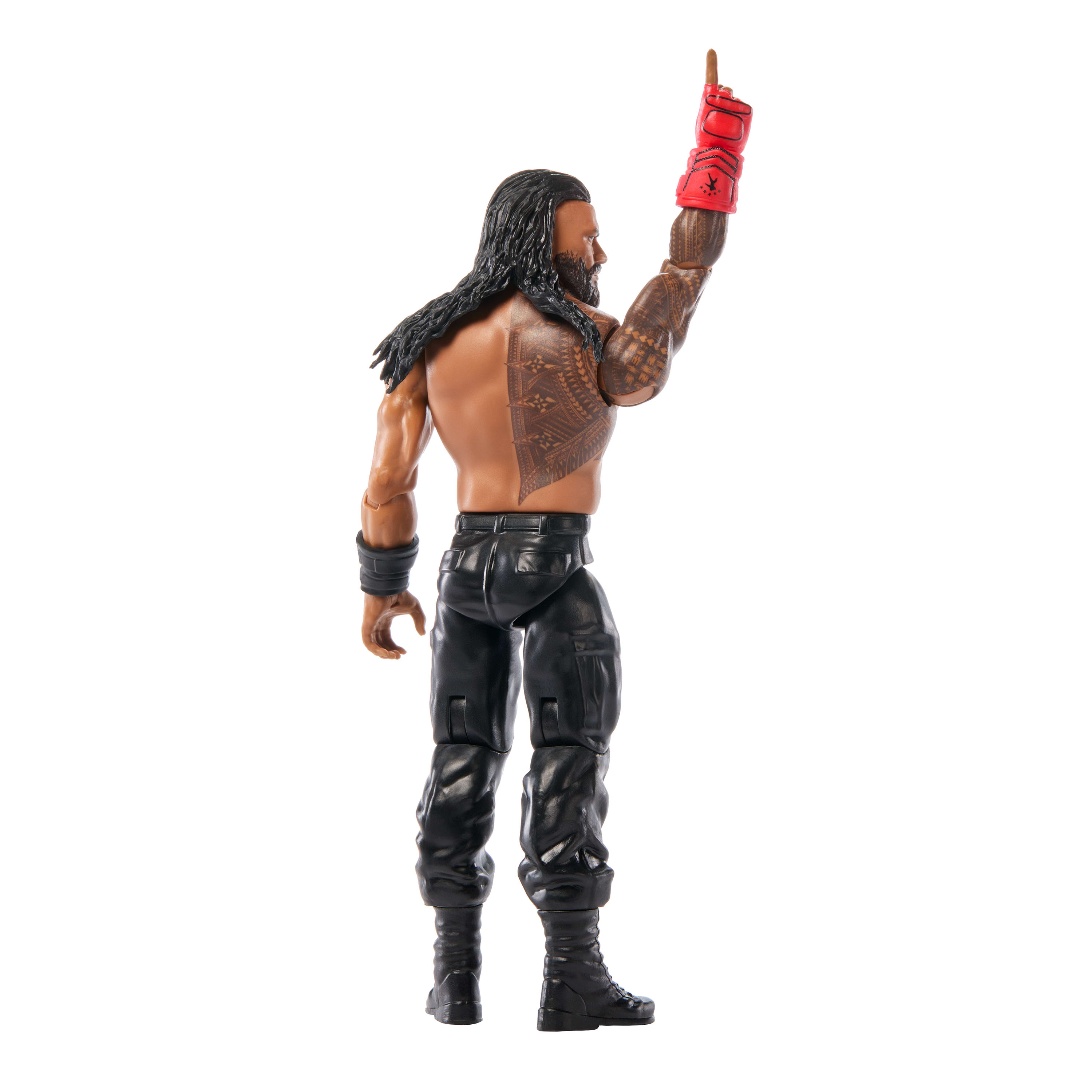 Eine Actionfigur eines Mannes mit langen Haaren, schwarzer Hose und rotem Handschuh.