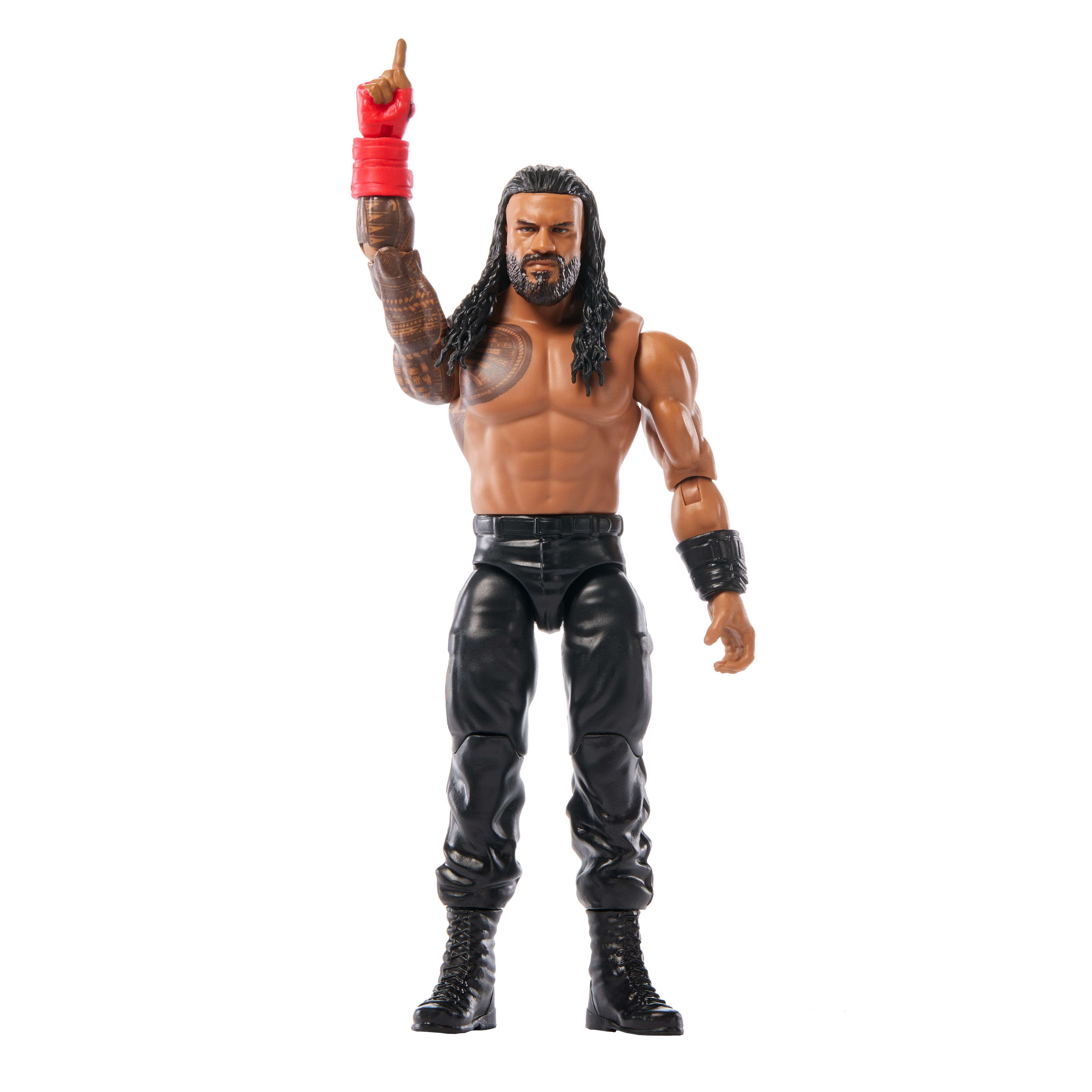 Männliche Actionfigur mit schwarzer Hose, Stiefeln und rotem Handschuh, die den Zeigefinger hebt.