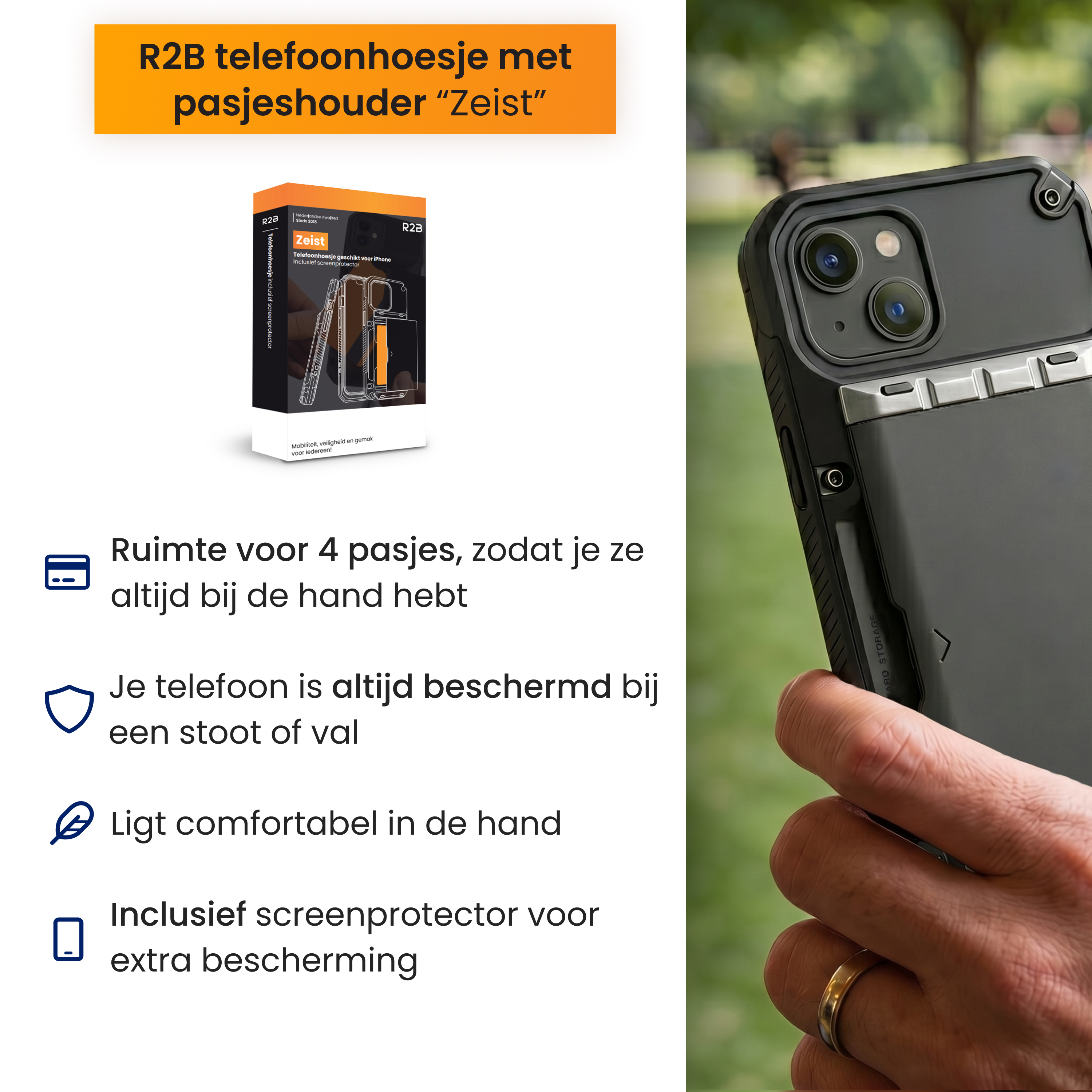 Schwarze Handyhülle mit Kartenfach für iPhone, mit Schutzfolie.