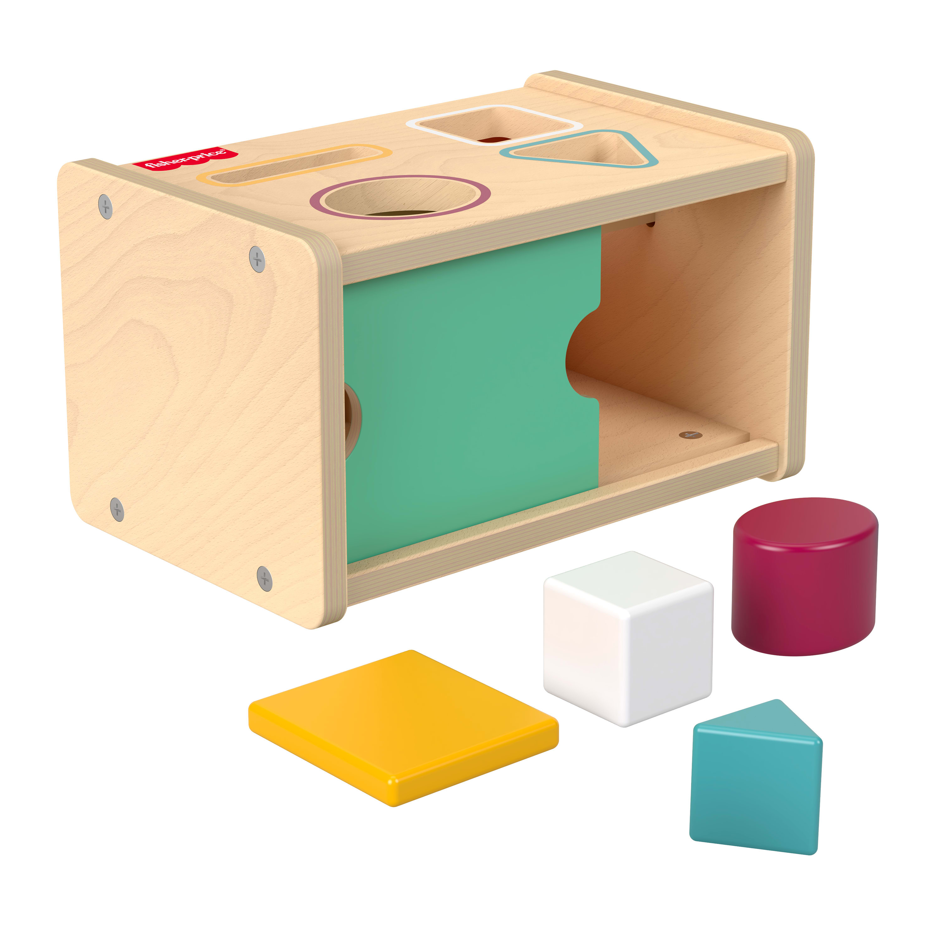 Ein Holz-Sortierspielzeug mit verschiedenen Formenöffnungen und bunten Blöcken.