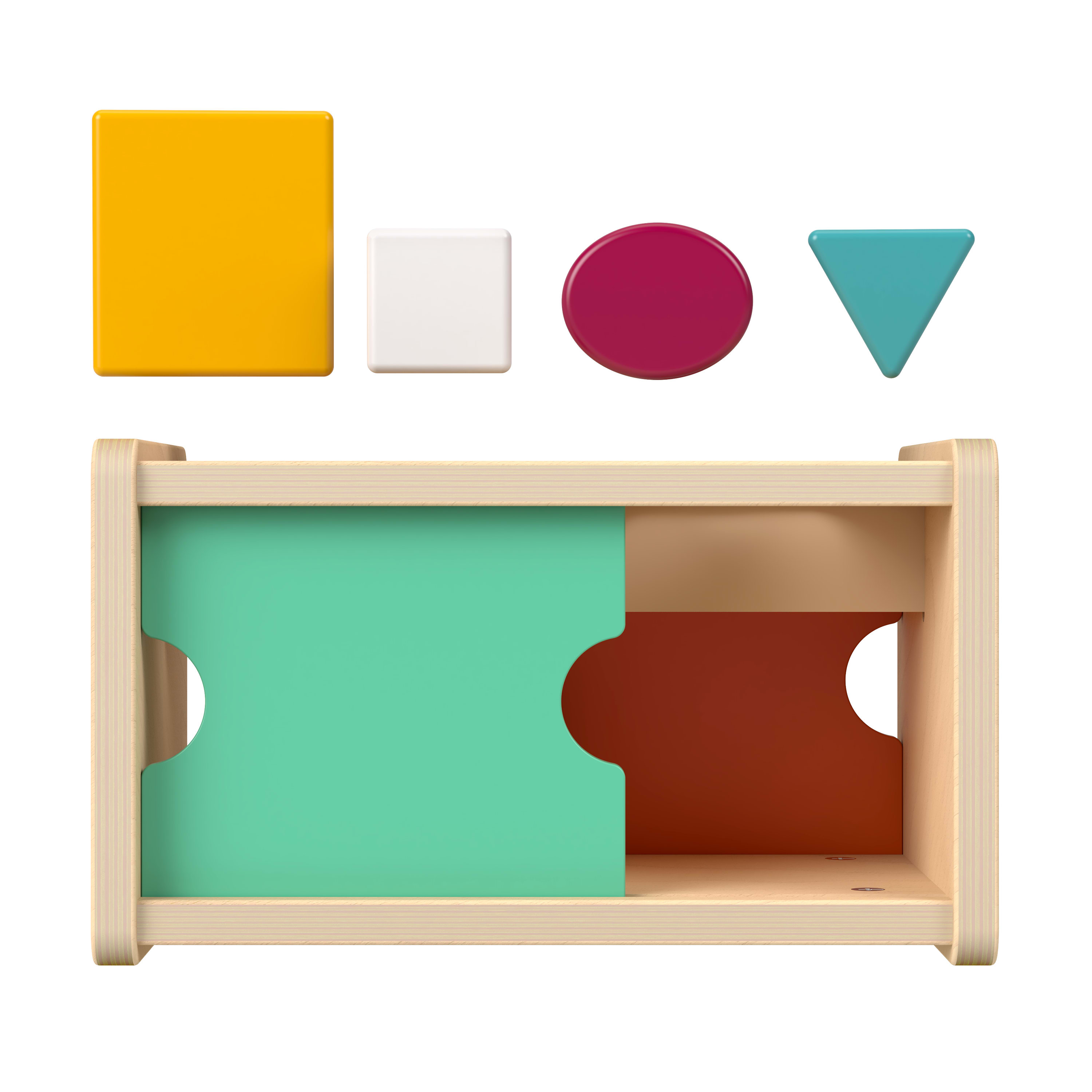 Ein Holzspielzeug mit Formen: gelb, weiß, lila, blau und eine Box.