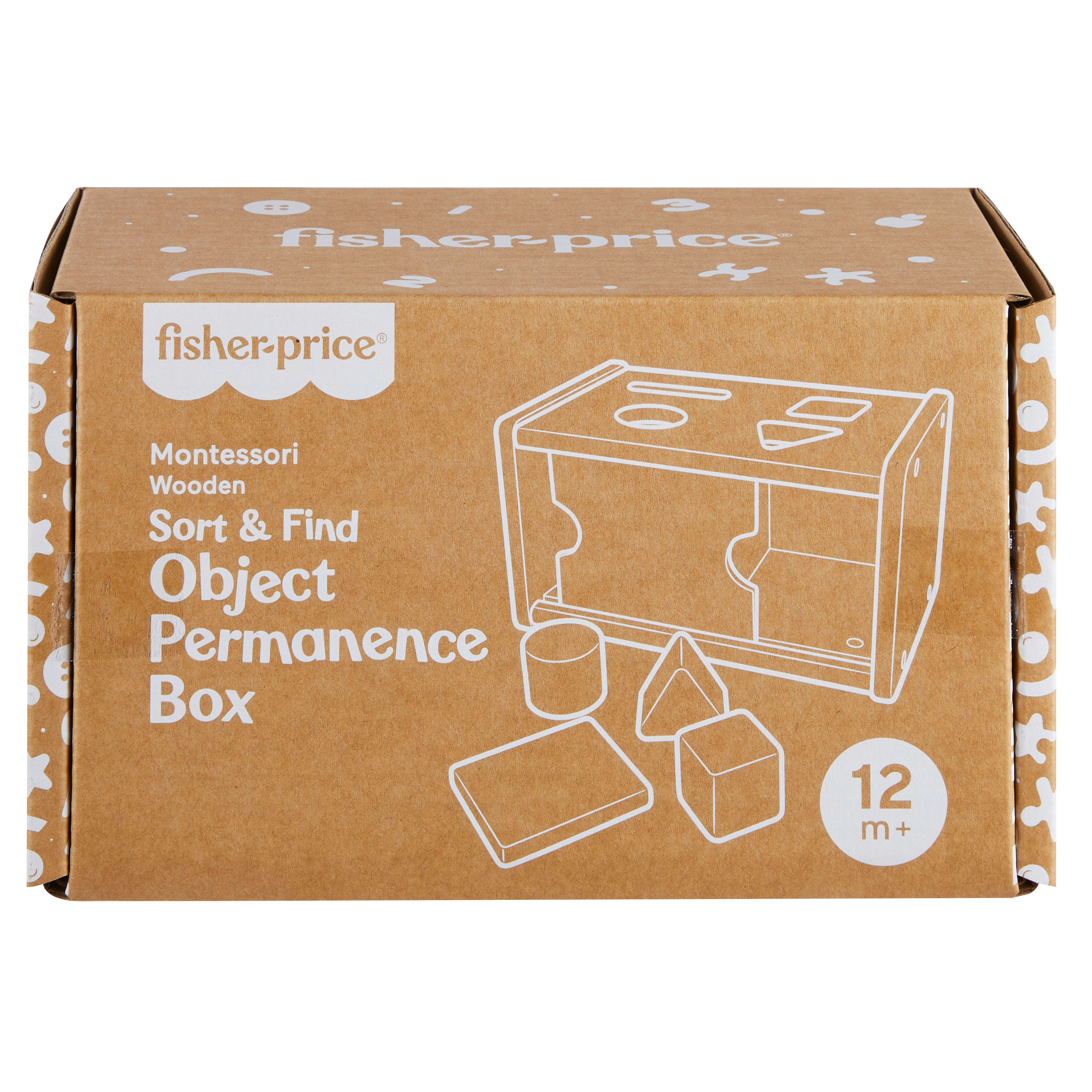 Schwarzer Karton mit weißer Aufschrift: Fisher-Price, Montessori Holzbox.