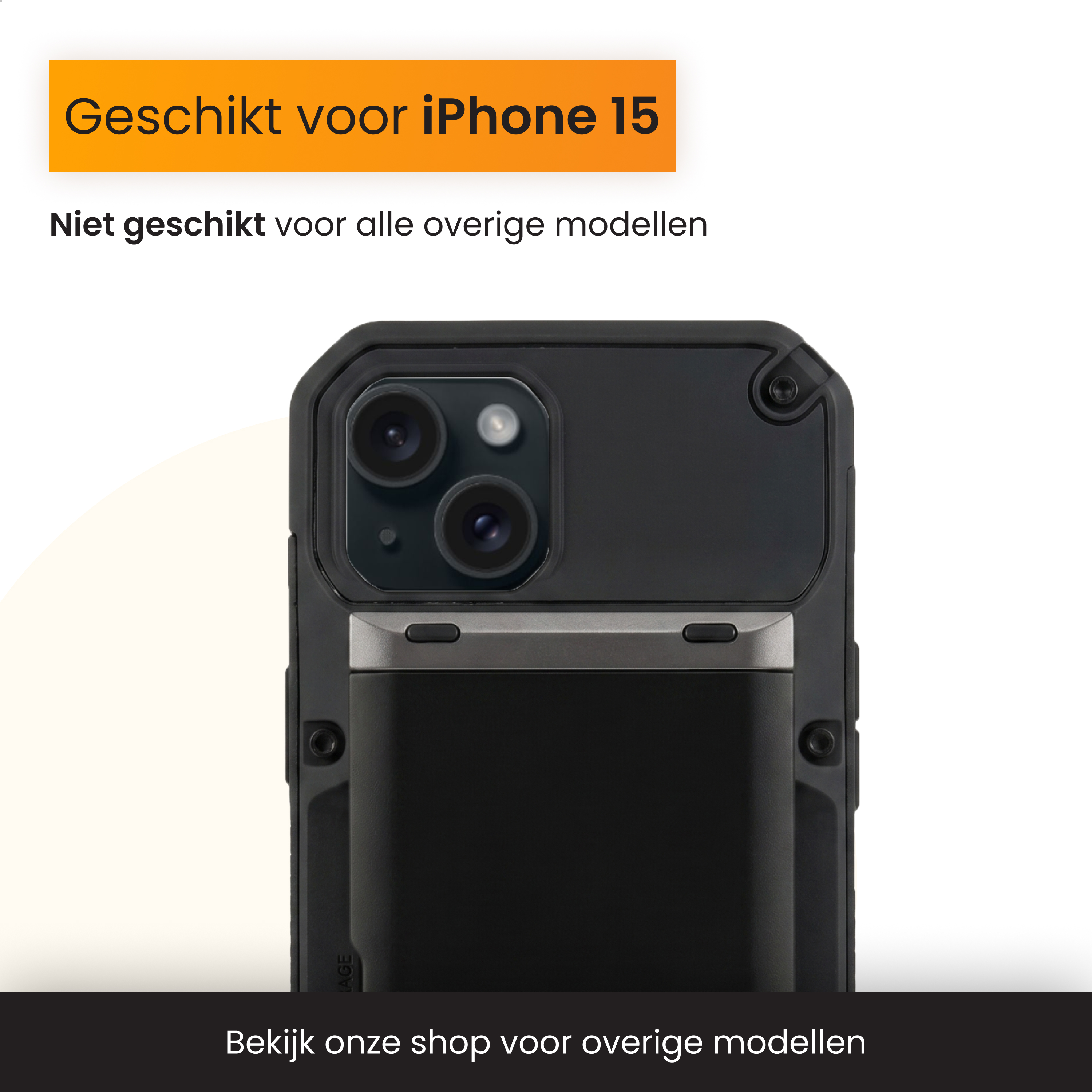 Black iPhone 15 case with dual camera lens system.