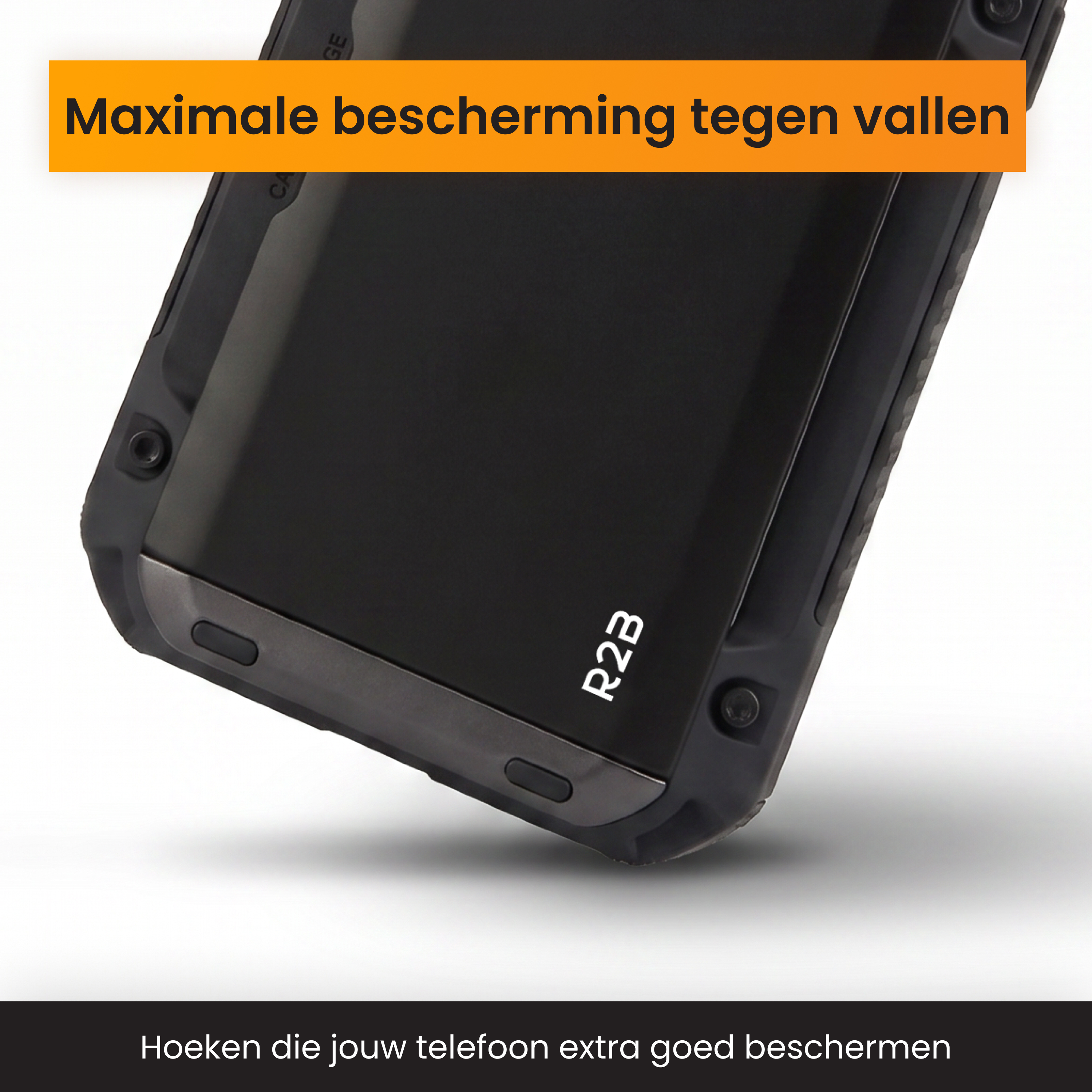 Black phone case with orange text 'Maximum protection against falls'.