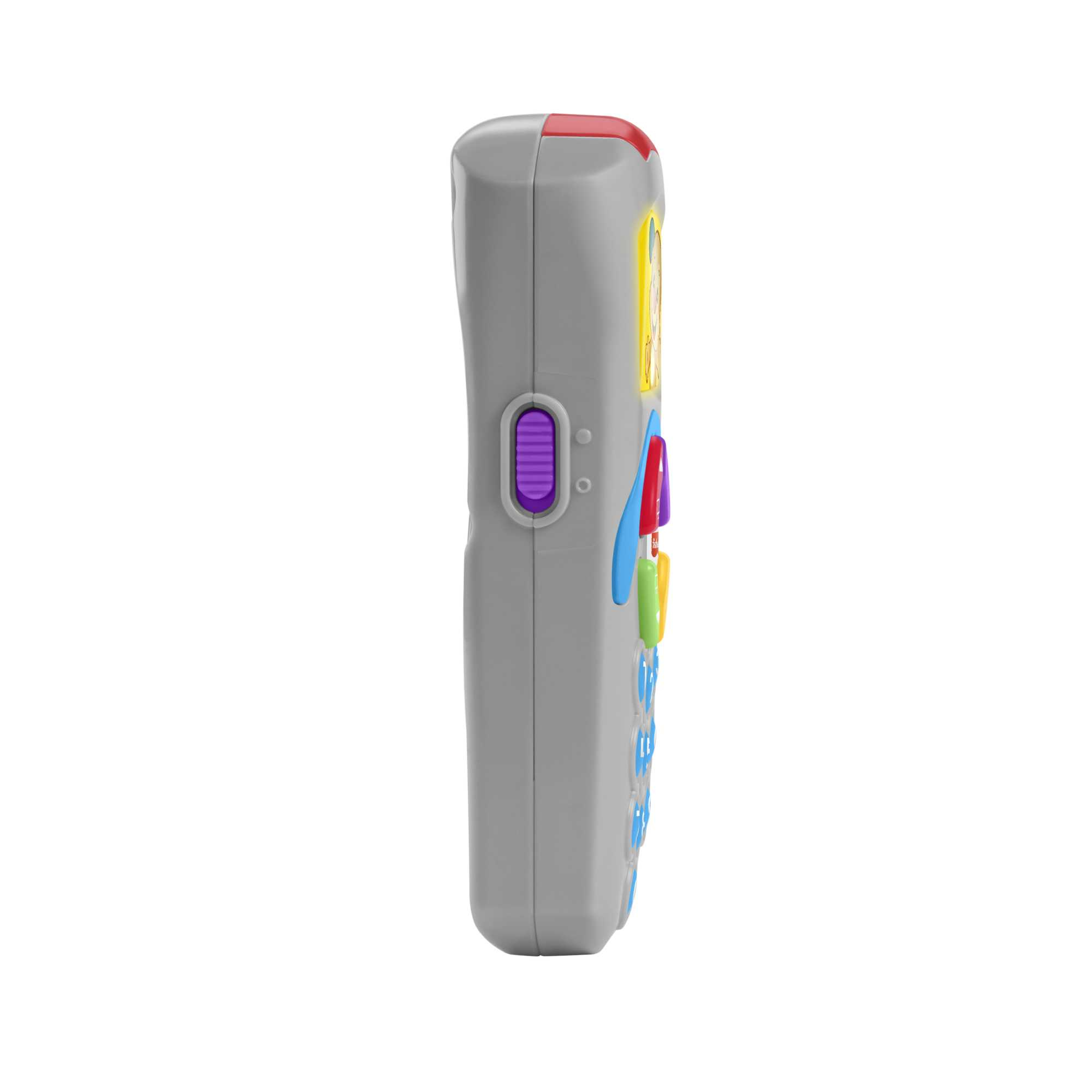 Graues Spielzeugtelefon mit bunten Tasten und roter Oberseite.