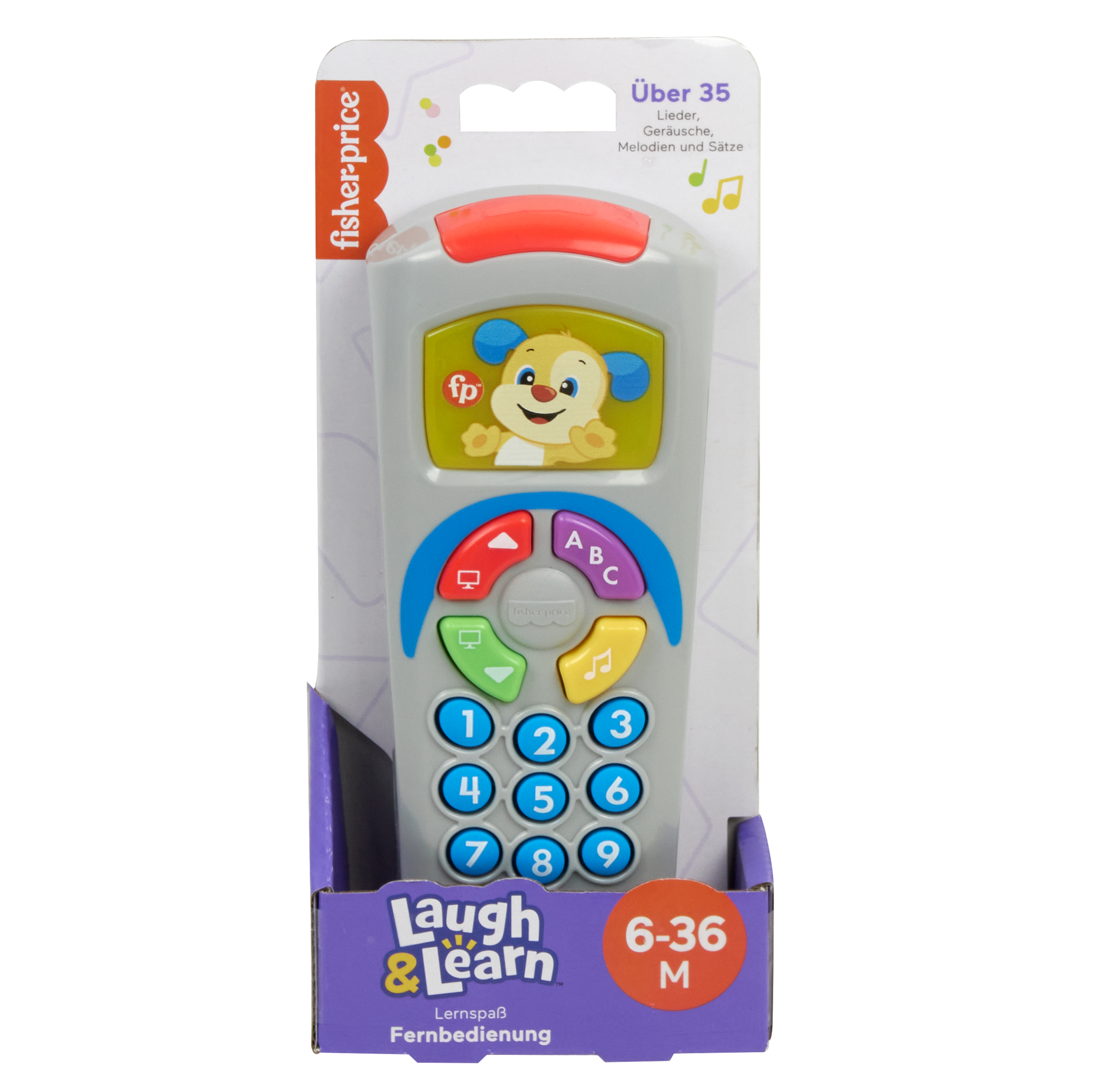 Ein Fisher-Price Lernspielzeug-Fernbedienung mit Zahlen, Buchstaben und Tierbild.