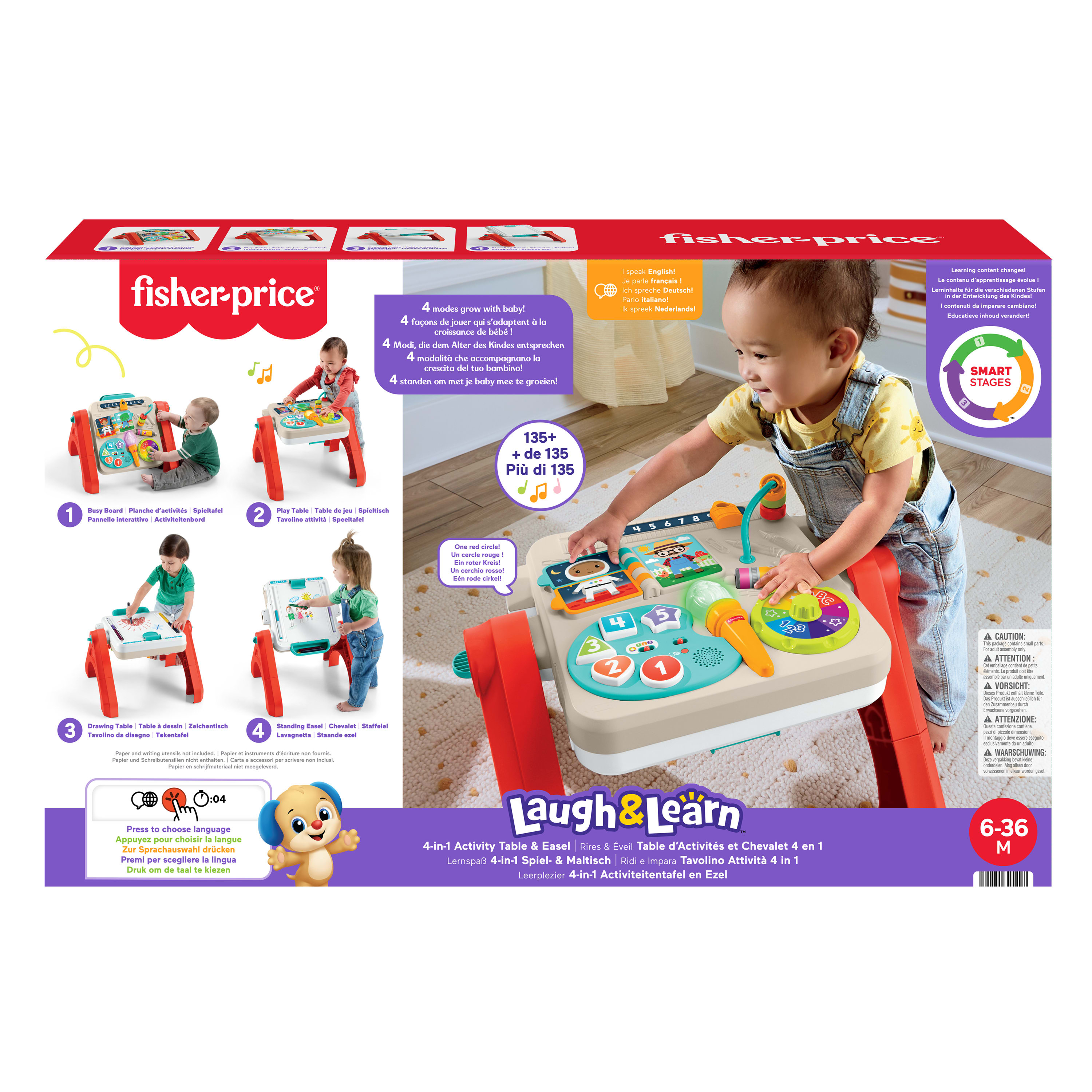 Ein Baby spielt an einem Fisher-Price-Aktivitätstisch mit Lichtern und Geräuschen.