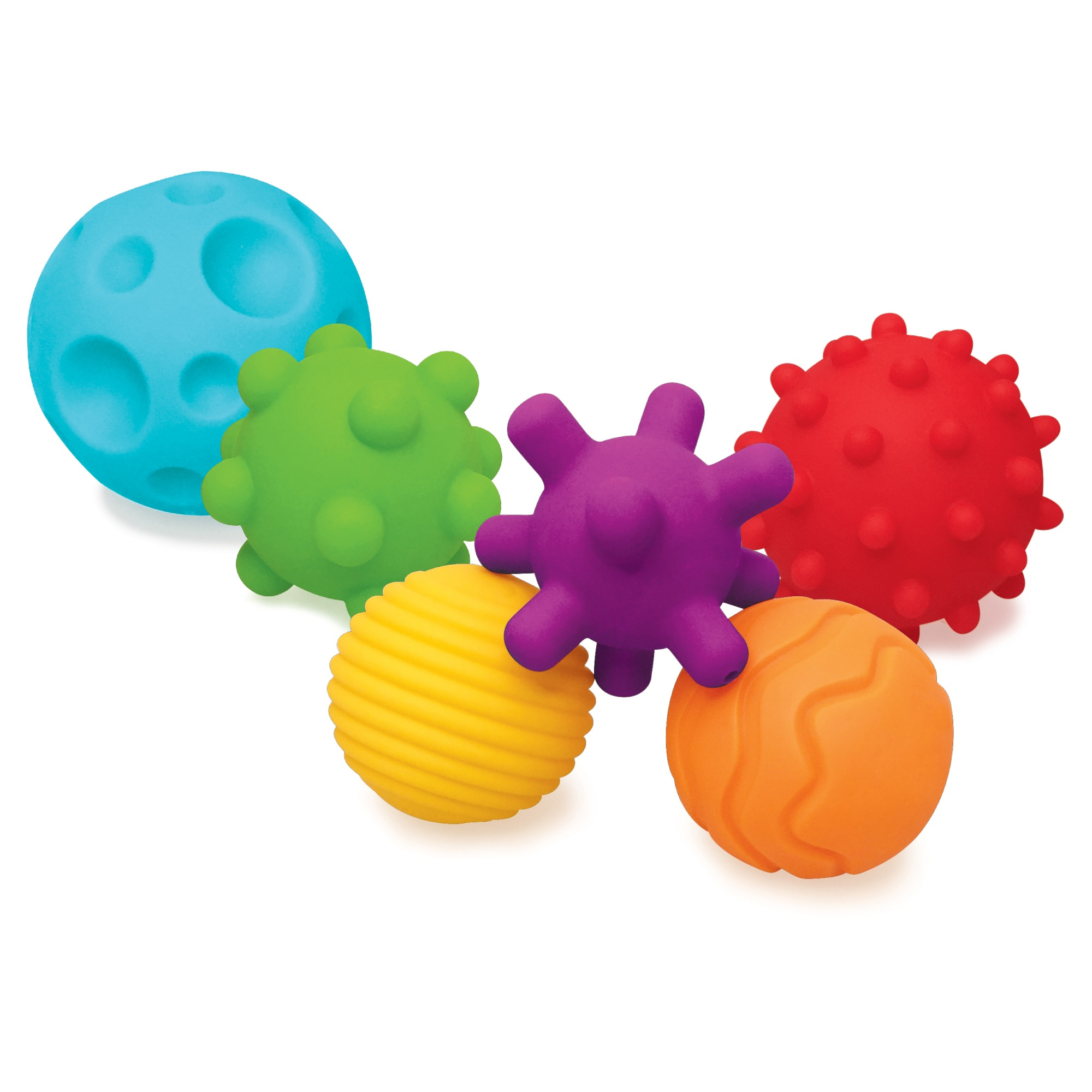 Sechs bunte, texturierte Sensorikbälle für Babys, darunter blau, grün, lila, rot, gelb und orange, auf weißem Hintergrund.