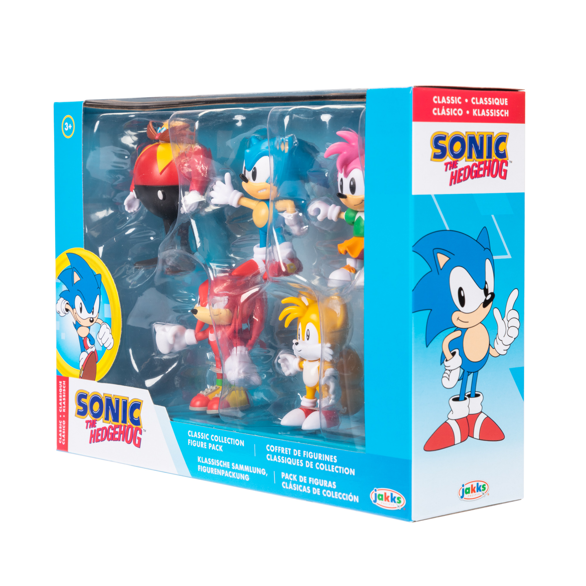 Set de figuras de Sonic the Hedgehog en caja con Dr. Eggman, Sonic, Knuckles, Tails y Amy Rose.