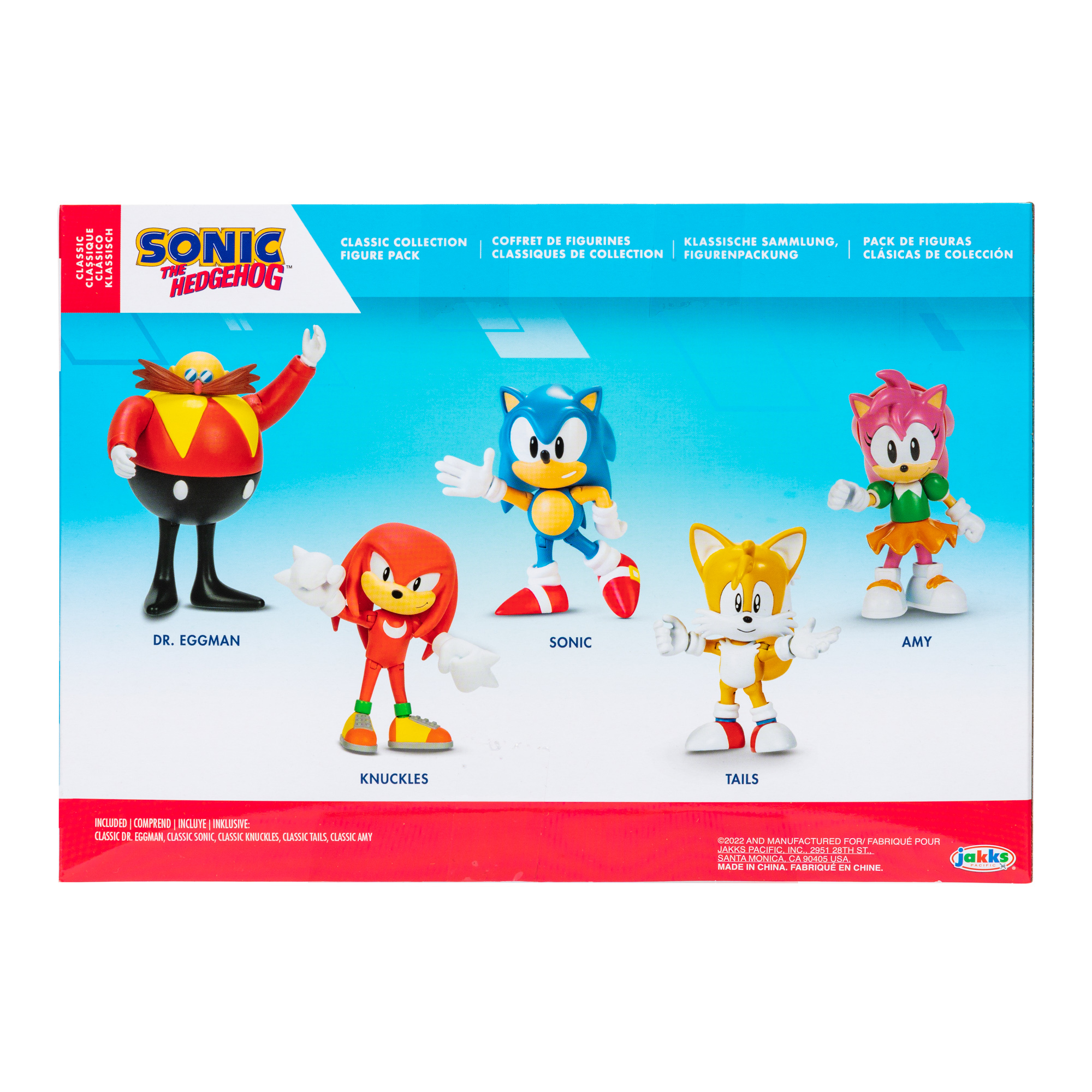 Figuras de Sonic: Dr. Eggman, Sonic, Knuckles, Tails y Amy sobre fondo azul.