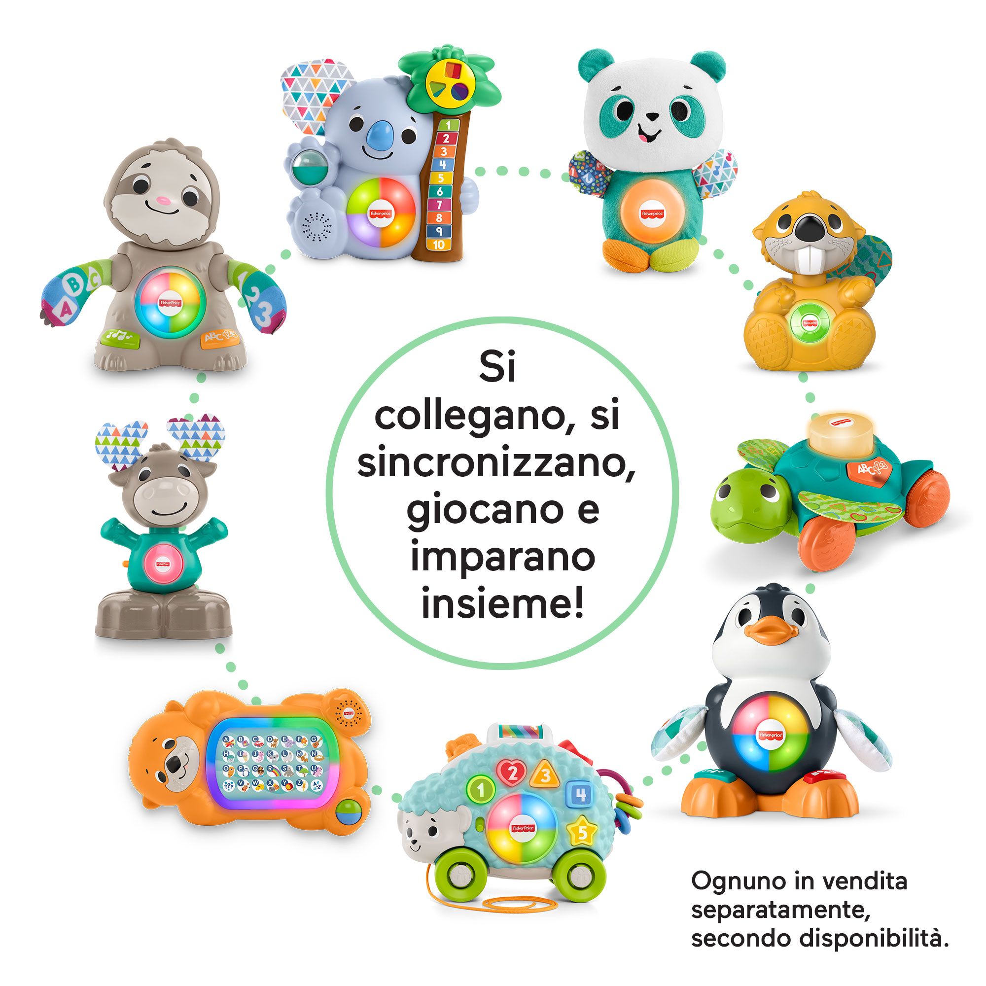 Fisher-Price Lernspielzeug: Faultier, Koala, Panda, Biber, Elch, Schildkröte, Pinguin, Bär, Schaf.