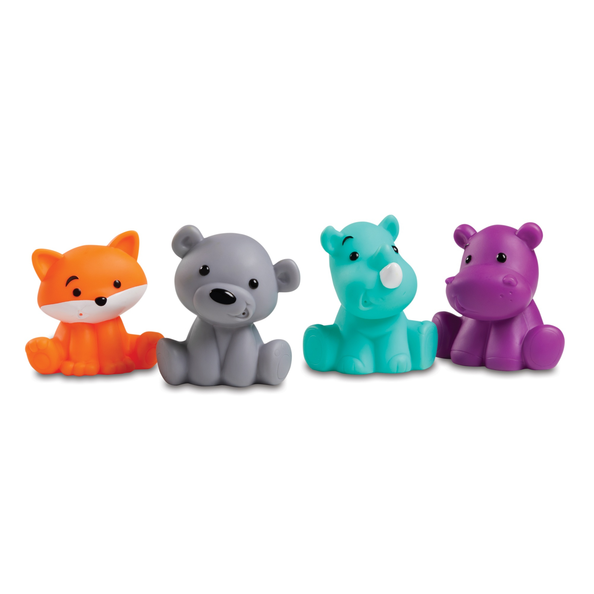 Vier bunte Plastiktiere: oranger Fuchs, grauer Bär, türkiser Rhino und lila Nilpferd sitzen in einer Reihe.