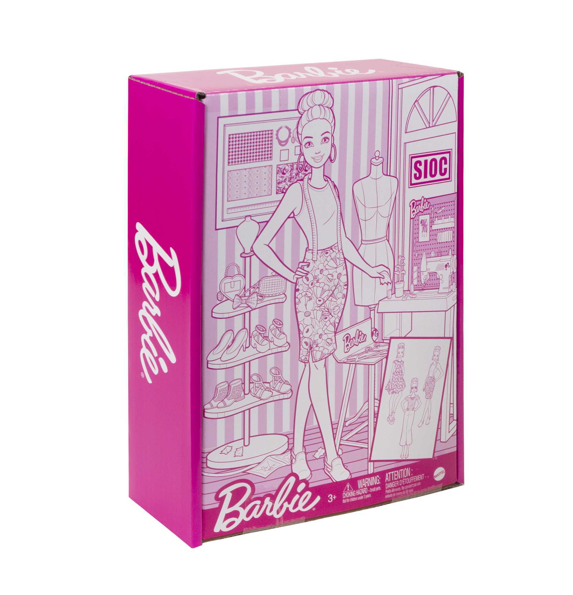 Barbie-Kartonschachtel mit Modedesign-Motiven und einer Barbie-Figur.