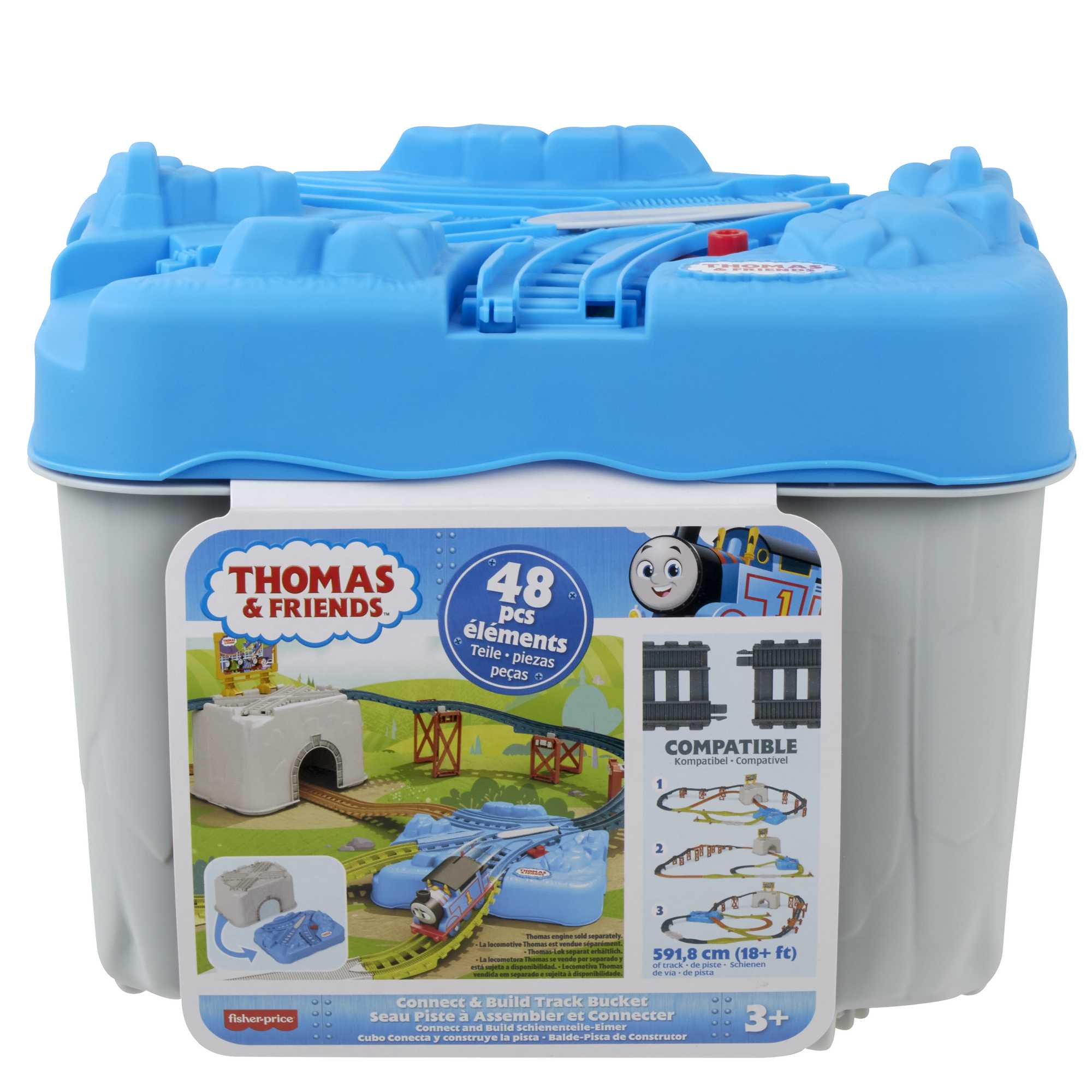 Secchiello Connect & Build Track di Thomas & Friends con 48 pezzi, mostra un secchio blu con un set di binari.