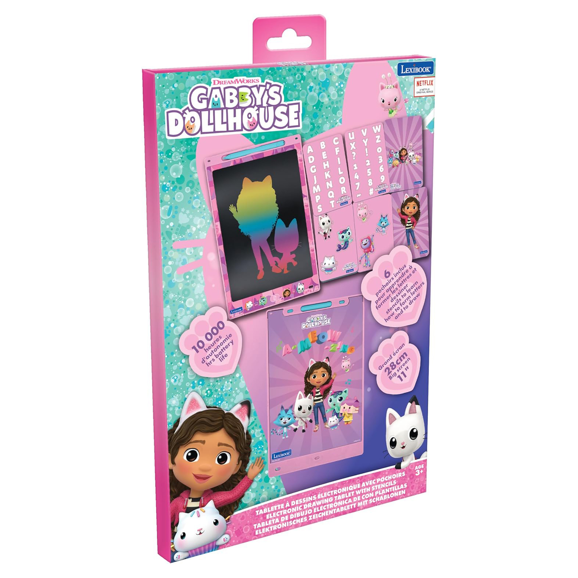 Verpackung für ein Gabby's Dollhouse Zeichen-Tablet mit Charakteren und Alphabet-Stempeln.