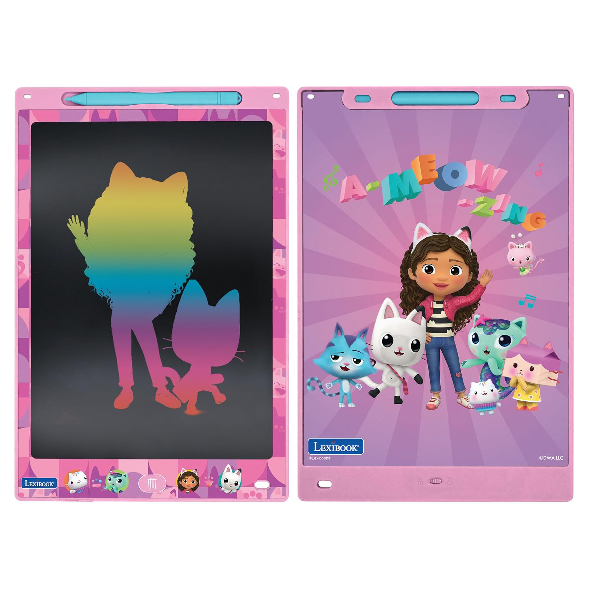 Ein pinkes Schreibtablett zeigt links eine regenbogenfarbene Silhouette eines Mädchens und einer Katze, rechts ein Cartoon-Mädchen mit Katzen.