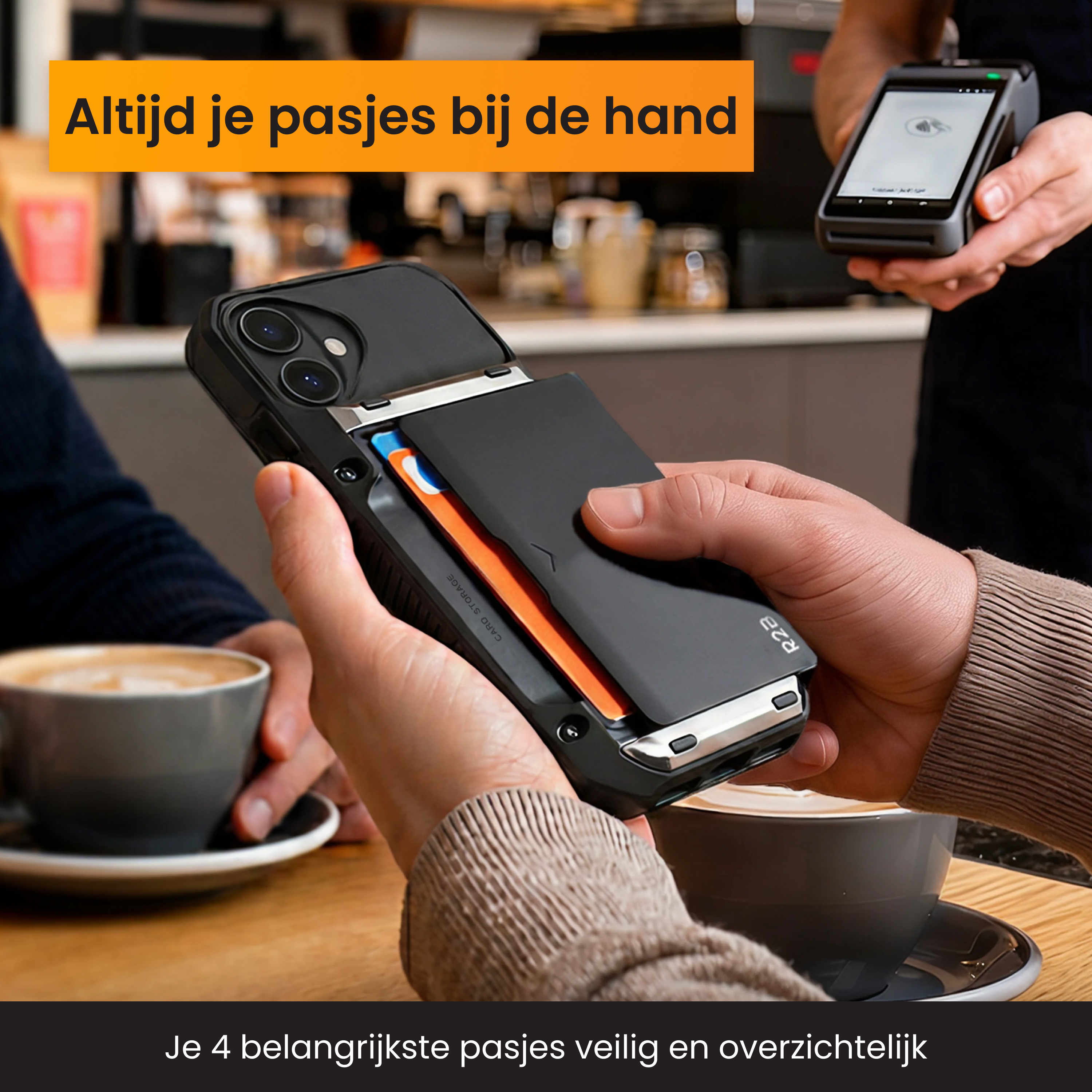 Person holds a phone with card holder, coffee cup nearby.