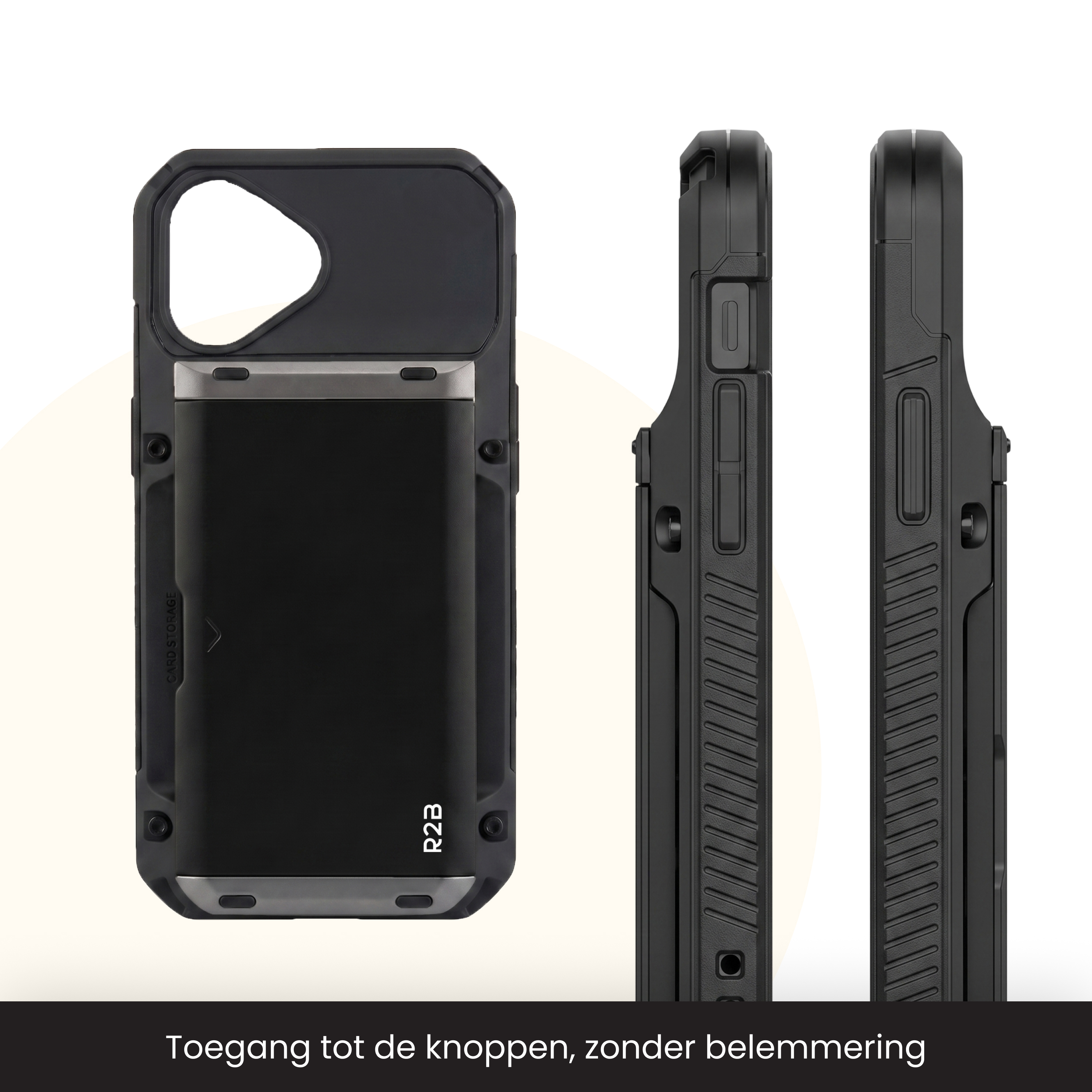 Three views of a black phone case with a card slot, showcasing its design from front and both sides.