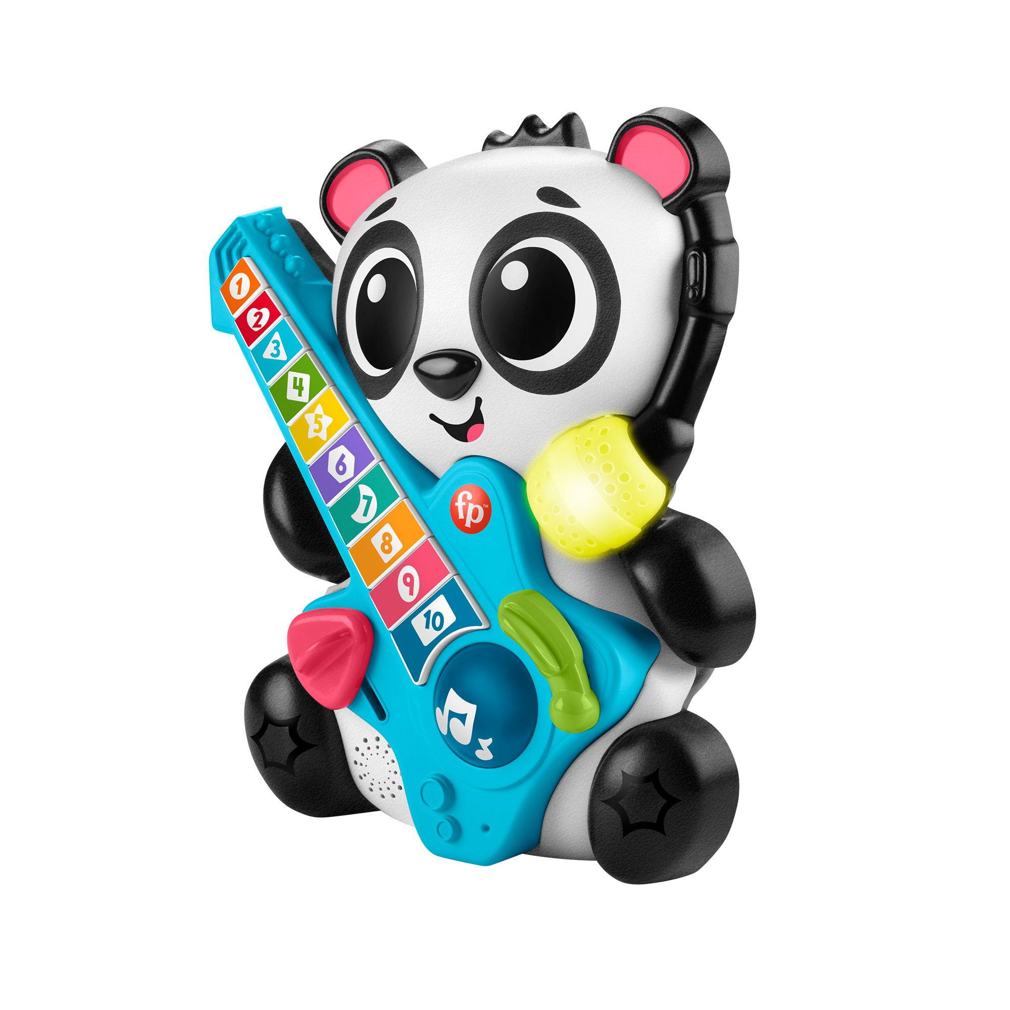 Ein Panda-Spielzeug hält eine blaue Gitarre mit bunten Tasten und Lichtern.
