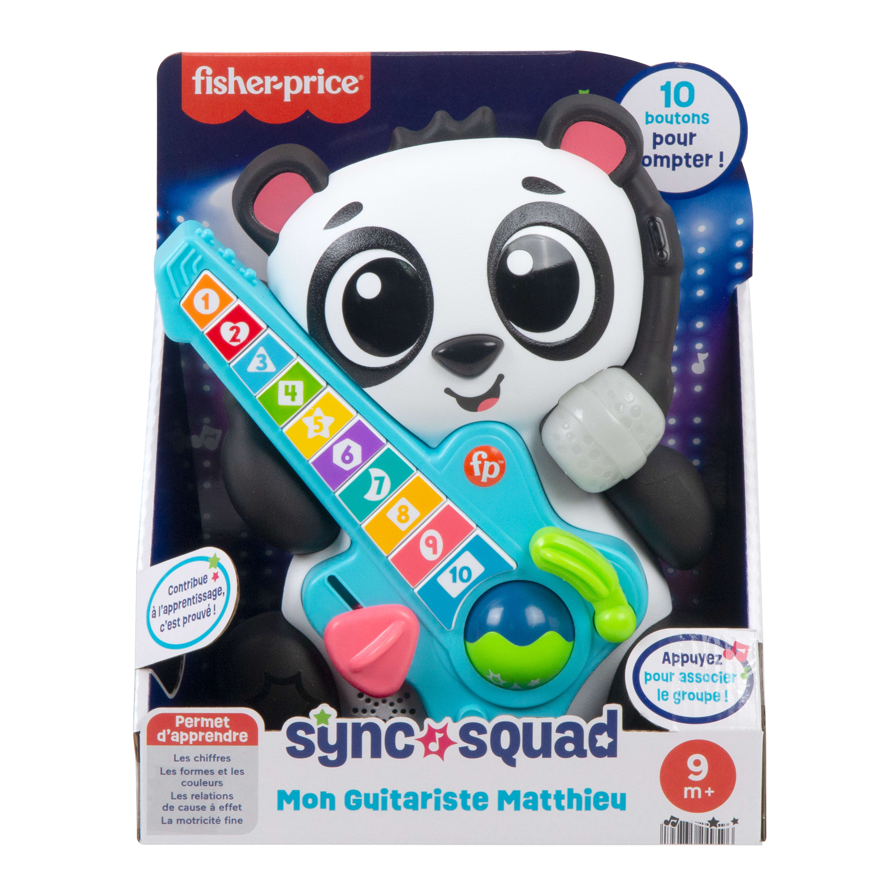Ein Fisher-Price Panda-Spielzeuggitarre mit nummerierten Tasten und Lichtern.