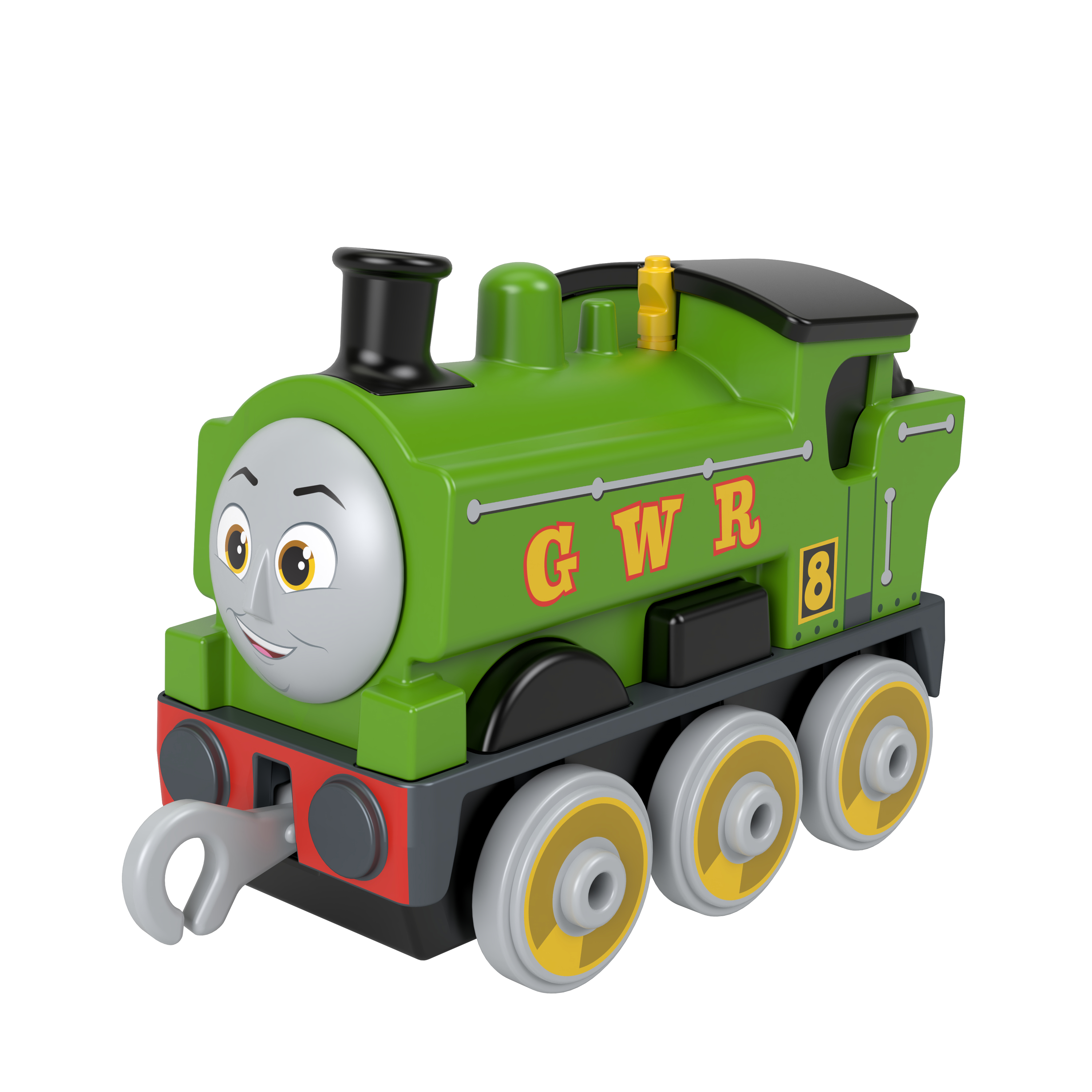Grüne Lok mit Gesicht, GWR-Schriftzug und Nummer 8.