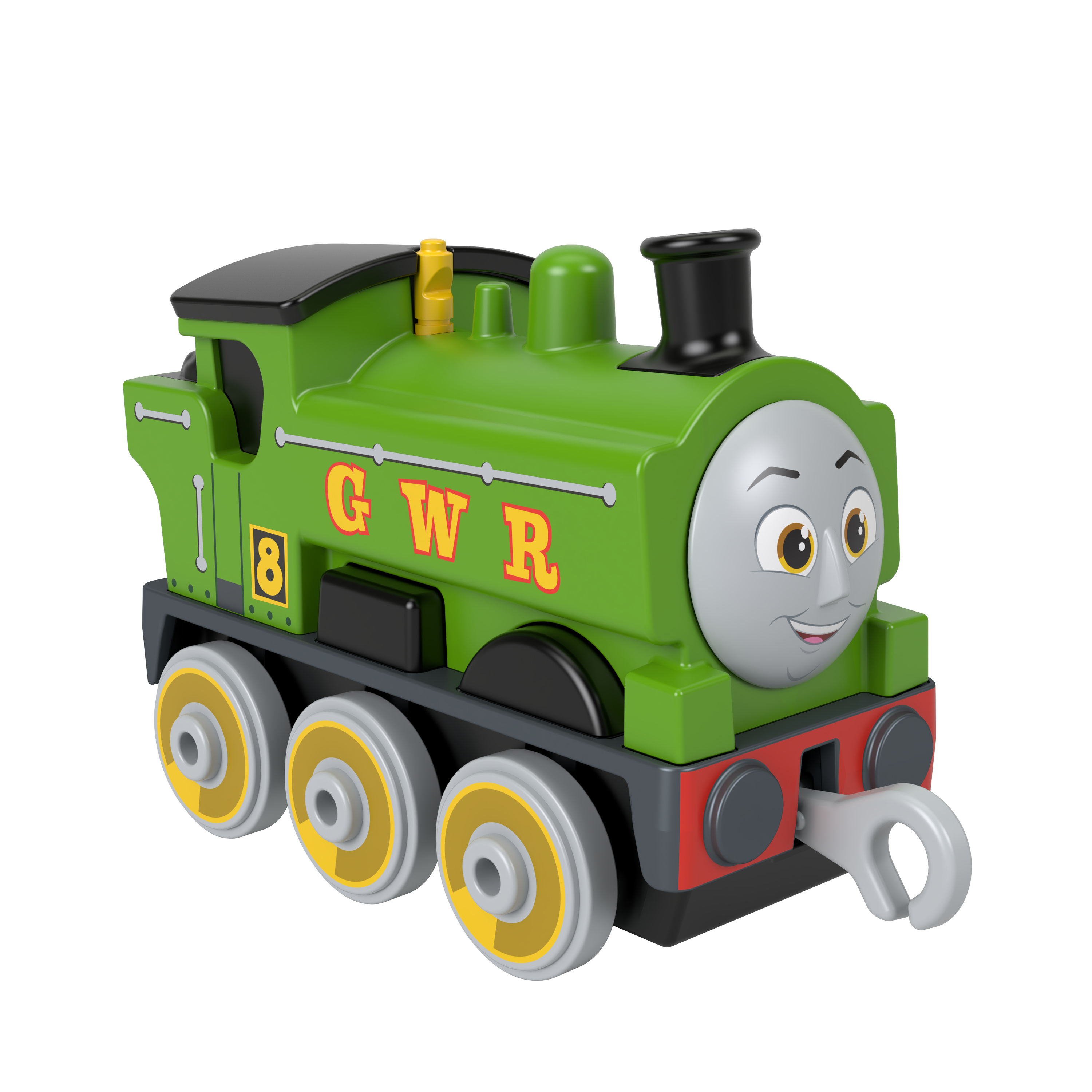 Grüne Lokomotive mit Gesicht, GWR-Aufschrift und Nummer 8.