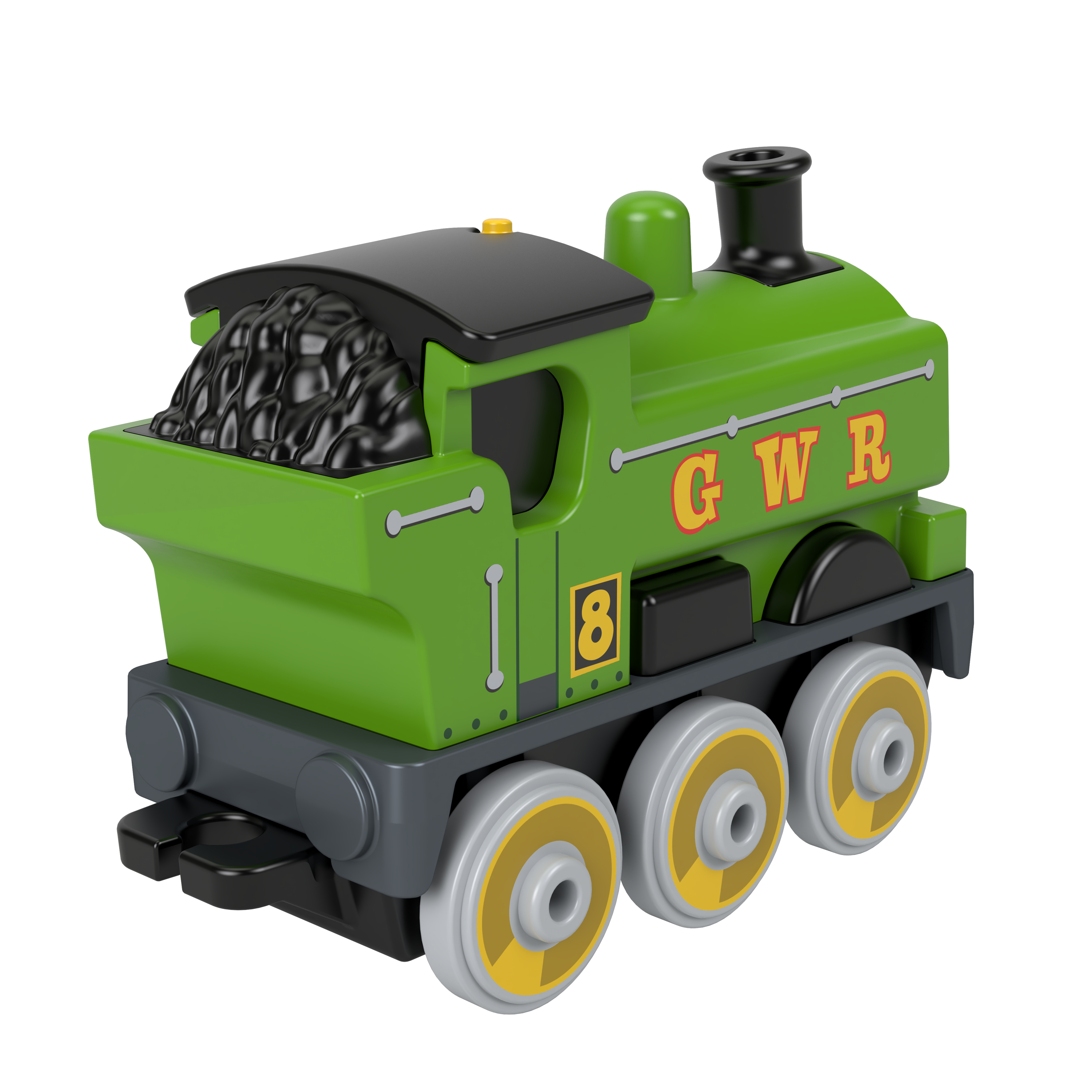 Eine grüne Spielzeugeisenbahn mit der Aufschrift GWR und der Nummer 8.