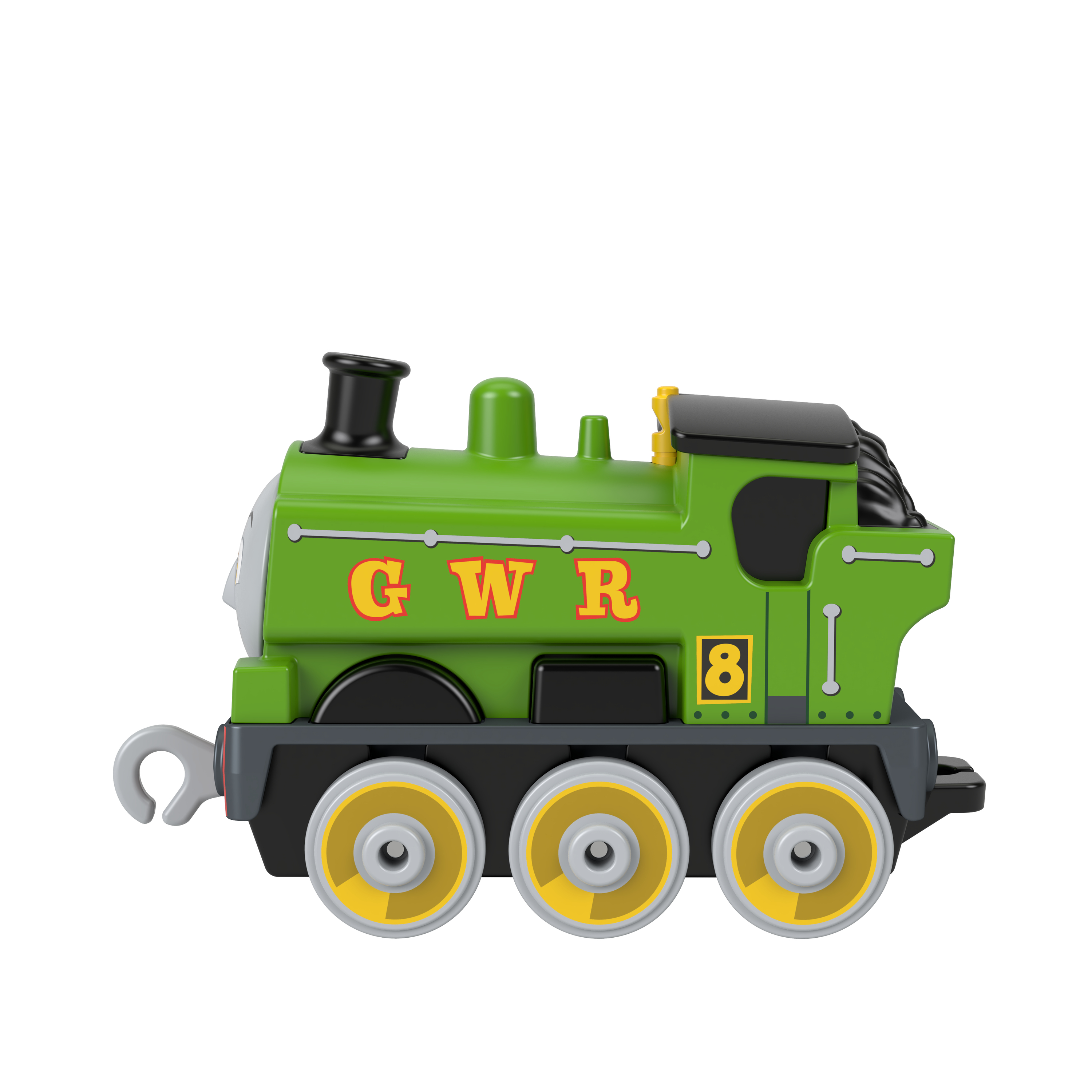 Eine grüne Lokomotive mit schwarzen und gelben Details. GWR und die Nummer 8 sind aufgedruckt.
